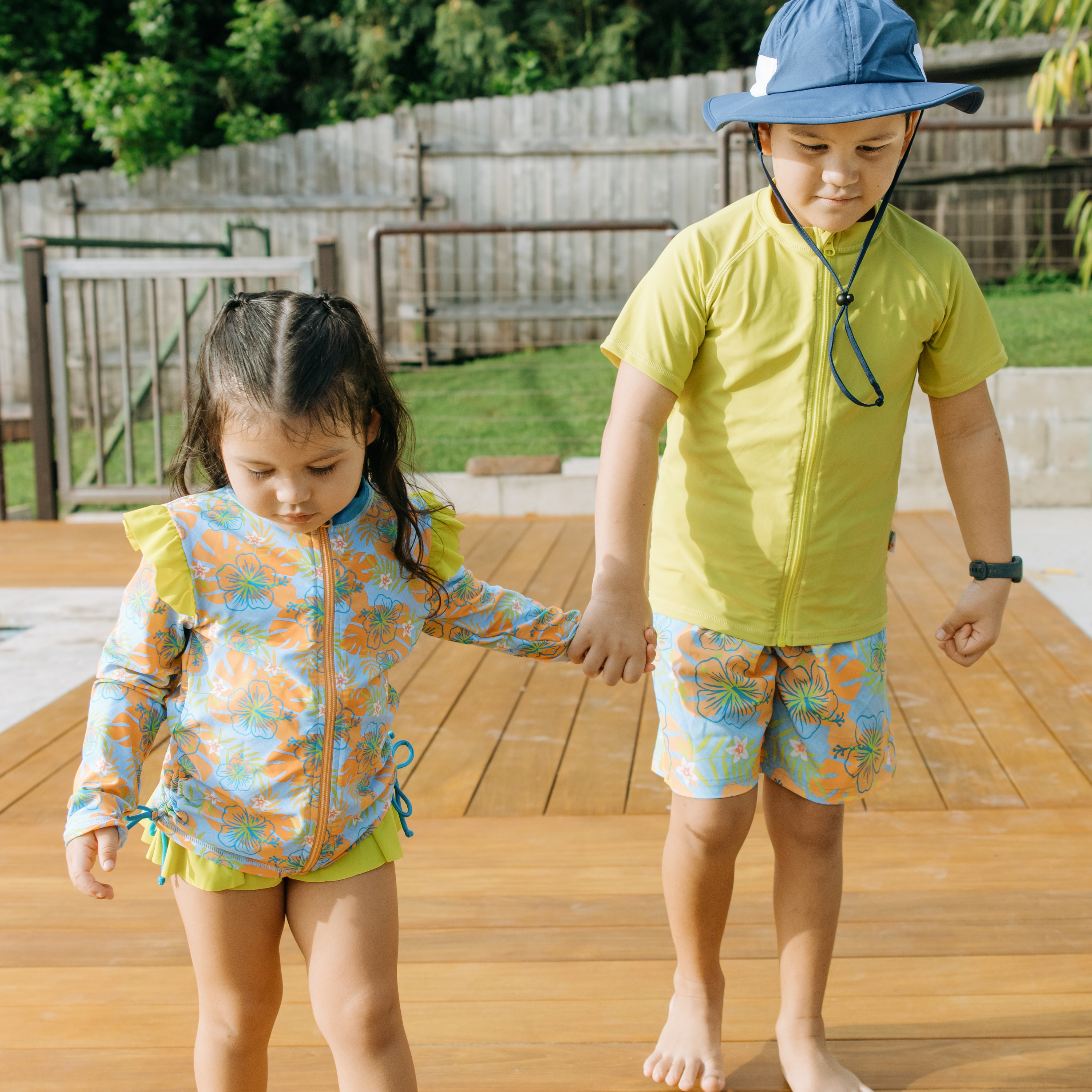 Girls Long Sleeve Rash Guard Ruffle Bottom Swimsuit Set (2 Piece) | "Groovy"-SwimZip UPF 50+ Sun Protective Swimwear & UV Zipper Rash Guards-pos3