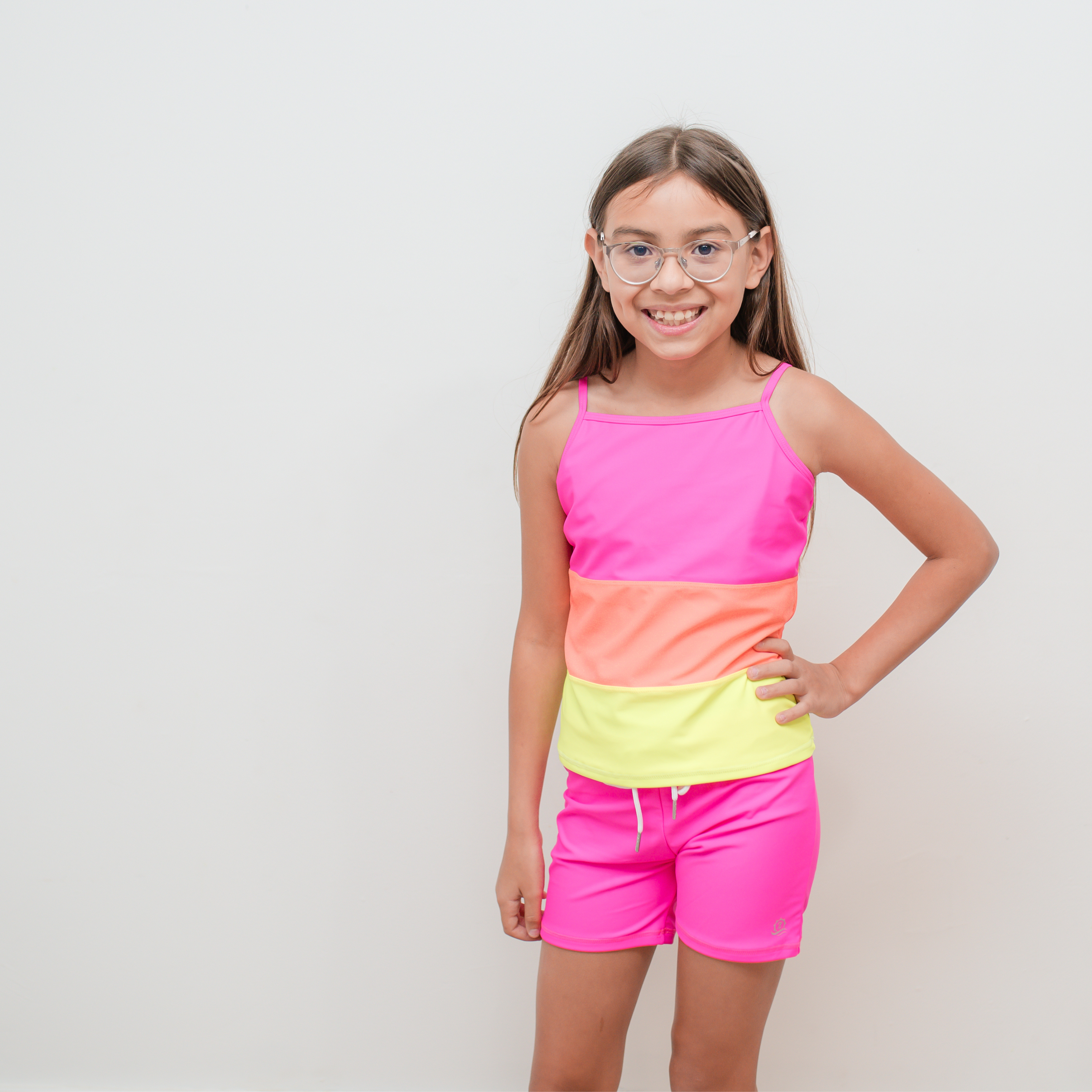 Girls Long Sleeve Rash Guard + Tankini Shorts Set (3 Piece) | "Neon Sunrise"-SwimZip UPF 50+ Sun Protective Swimwear & UV Zipper Rash Guards-pos3