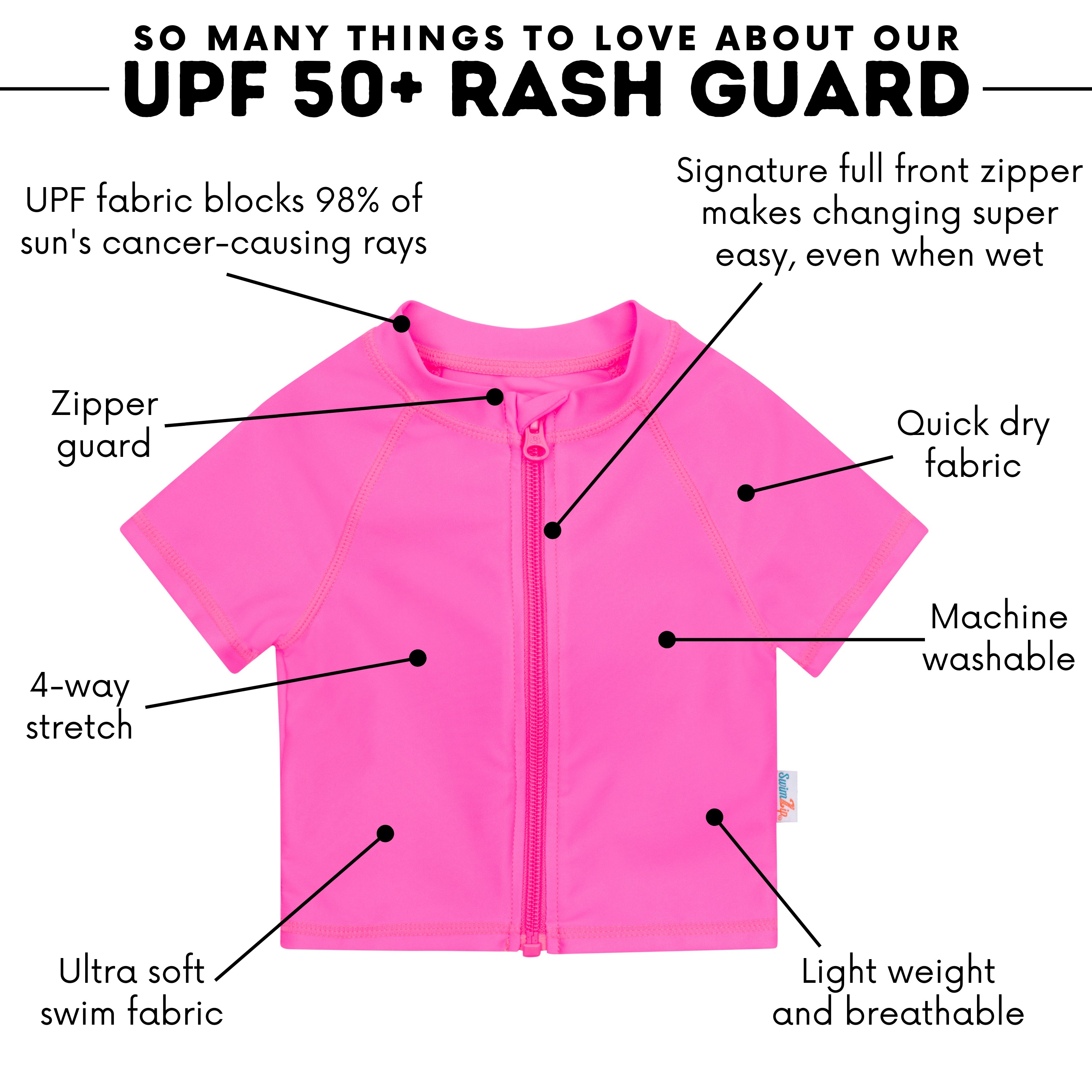Kids Short Sleeve Zipper Rash Guard Swim Shirt | “Neon Pink”-SwimZip UPF 50+ Sun Protective Swimwear & UV Zipper Rash Guards-pos4