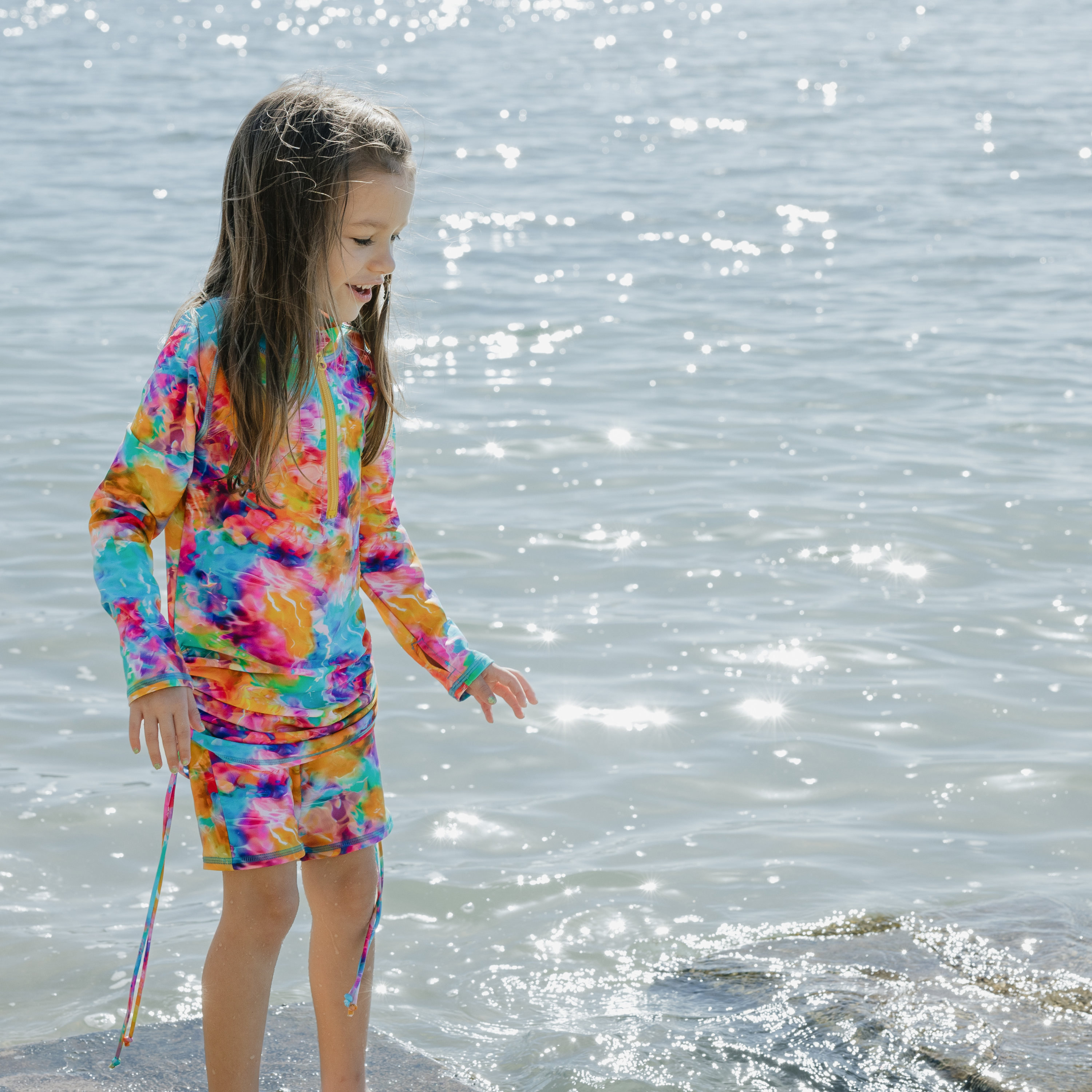 Girls Long Sleeve Swim Dress Cover Up | "Impressions"-SwimZip UPF 50+ Sun Protective Swimwear & UV Zipper Rash Guards-pos3