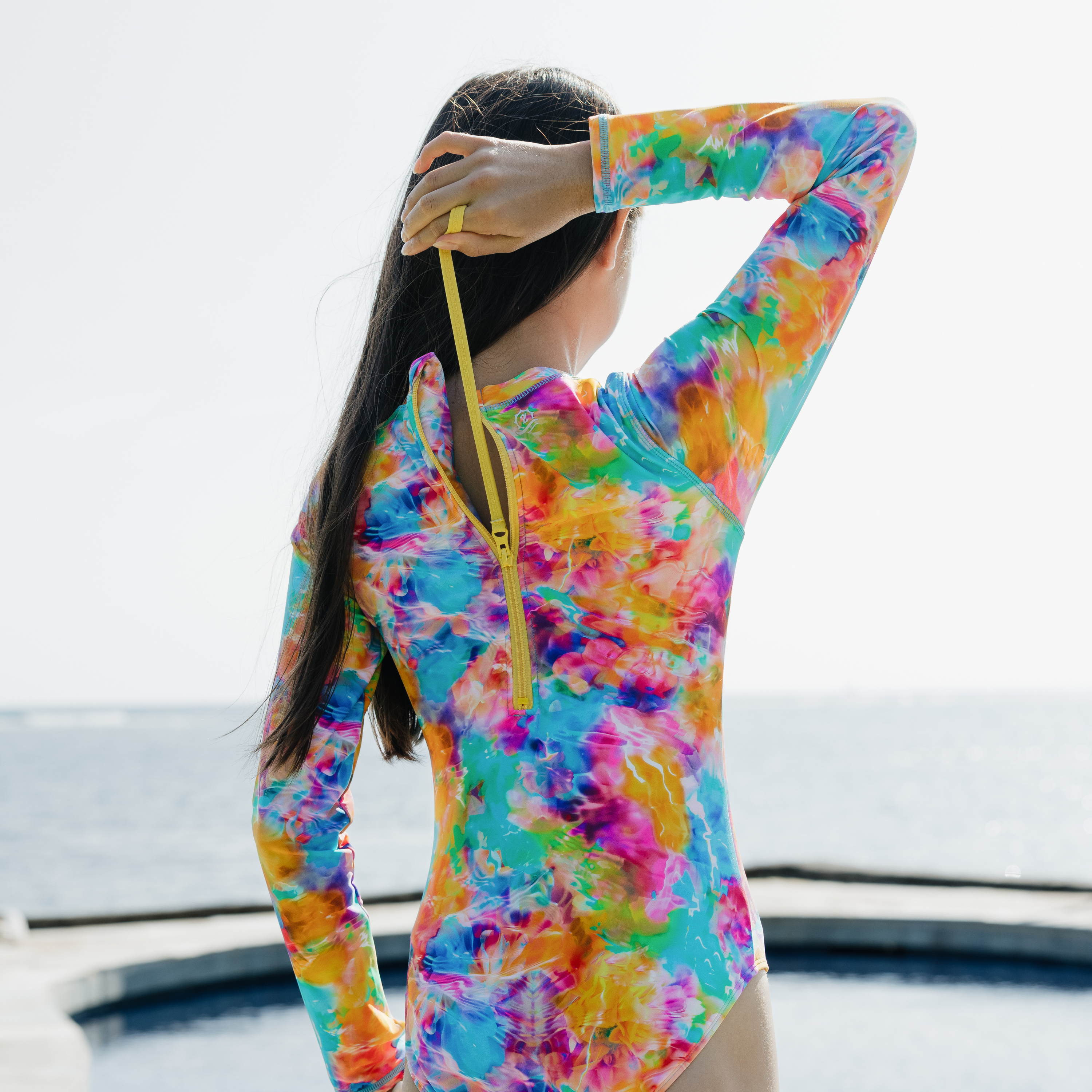 Girls Long Sleeve Surf Suit (One Piece Bodysuit) | "Impressions"-SwimZip UPF 50+ Sun Protective Swimwear & UV Zipper Rash Guards-pos3