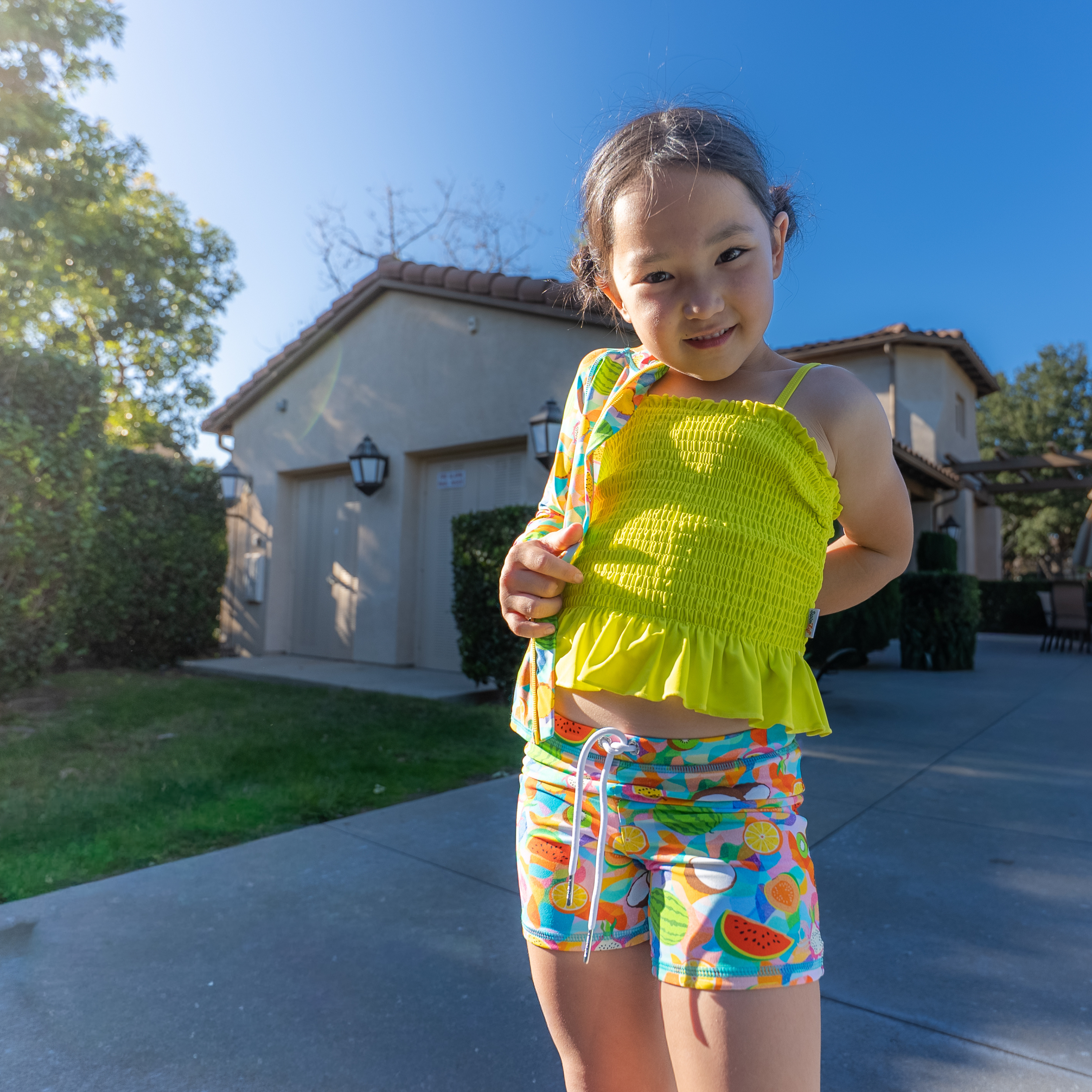 Girls Long Sleeve Rash Guard + Smocked Tankini Shorts Set (3 Piece) | "Fruit Salad"-SwimZip UPF 50+ Sun Protective Swimwear & UV Zipper Rash Guards-pos3