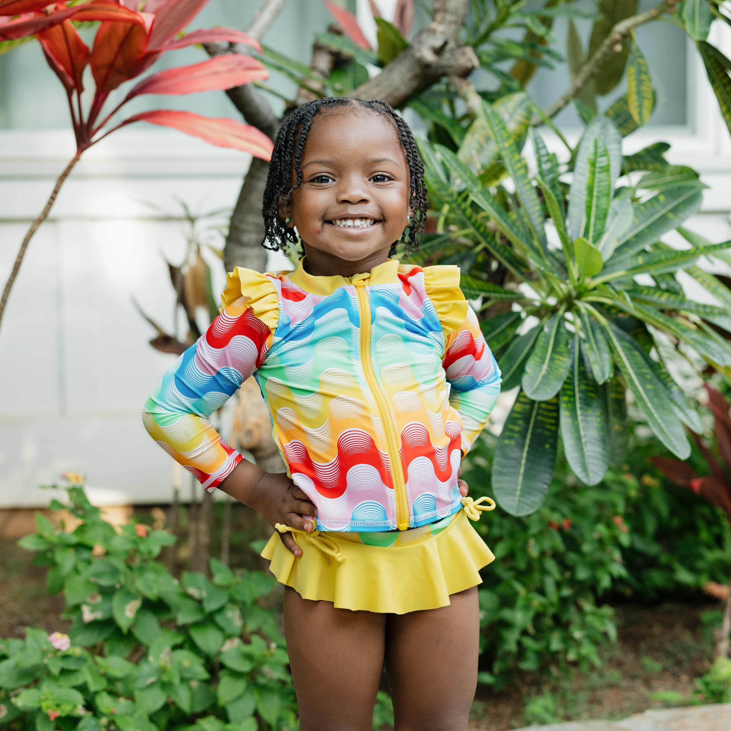 Girls Long Sleeve Rash Guard Ruffle Bottom Swimsuit Set (2 Piece) | "Surf's Up"-SwimZip UPF 50+ Sun Protective Swimwear & UV Zipper Rash Guards-pos3