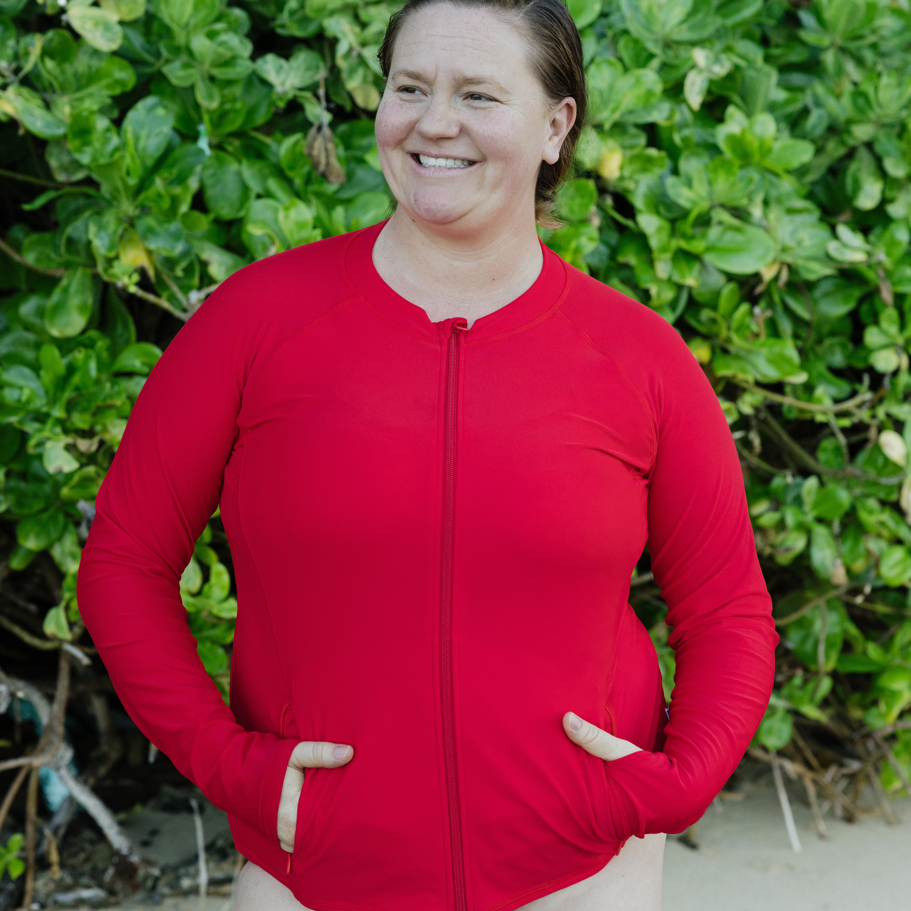 Women's Long Sleeve Rash Guard with Pockets | "Red"-SwimZip UPF 50+ Sun Protective Swimwear & UV Zipper Rash Guards-pos9