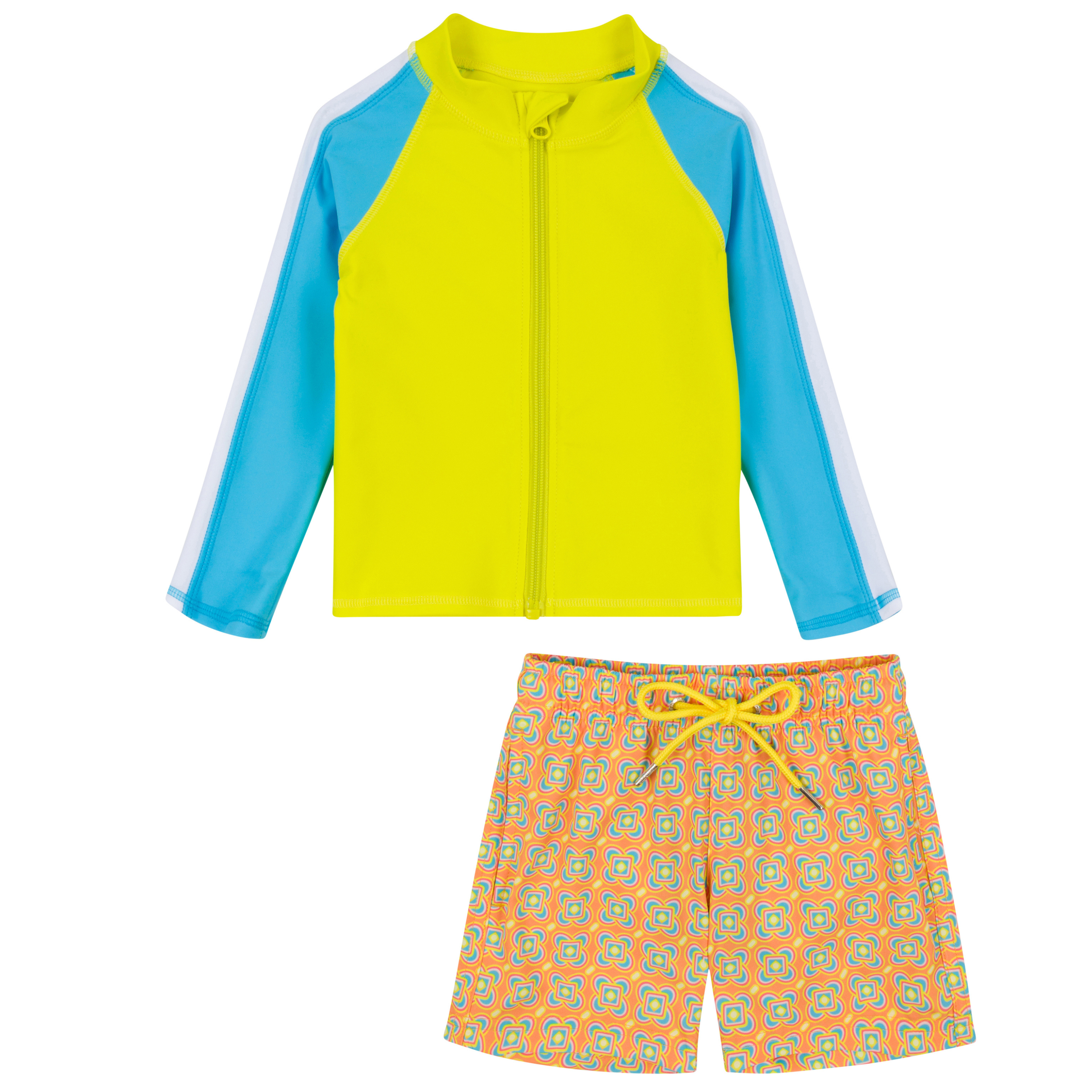Boys Long Sleeve Zipper Rash Guard and Swim Trunk Set | "Kaleidoscope"-0-3 Month-Kaleidoscope-SwimZip UPF 50+ Sun Protective Swimwear & UV Zipper Rash Guards-pos1