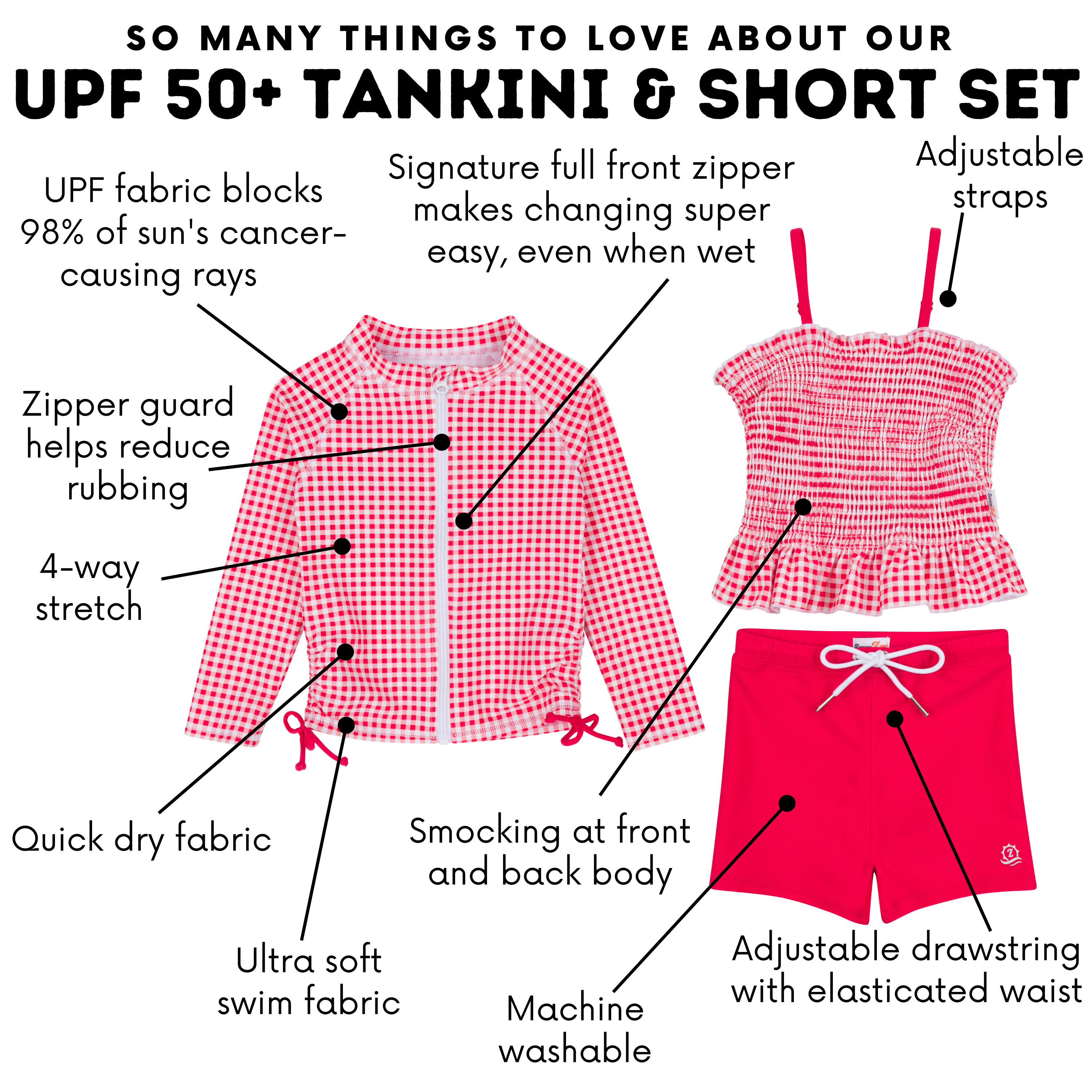 Girls Long Sleeve Rash Guard + Smocked Tankini Shorts Set (3 Piece) | "Red Gingham"-SwimZip UPF 50+ Sun Protective Swimwear & UV Zipper Rash Guards-pos4