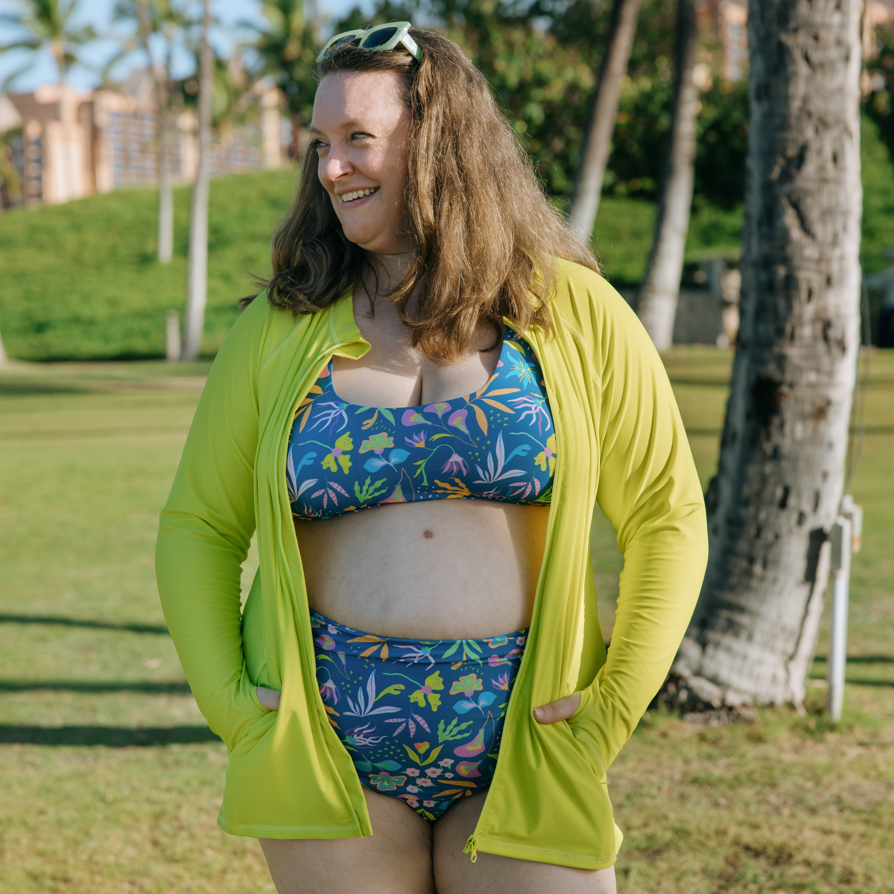 Women's Long Sleeve Rash Guard with Pockets | "Sulphur Yellow"-SwimZip UPF 50+ Sun Protective Swimwear & UV Zipper Rash Guards-pos3
