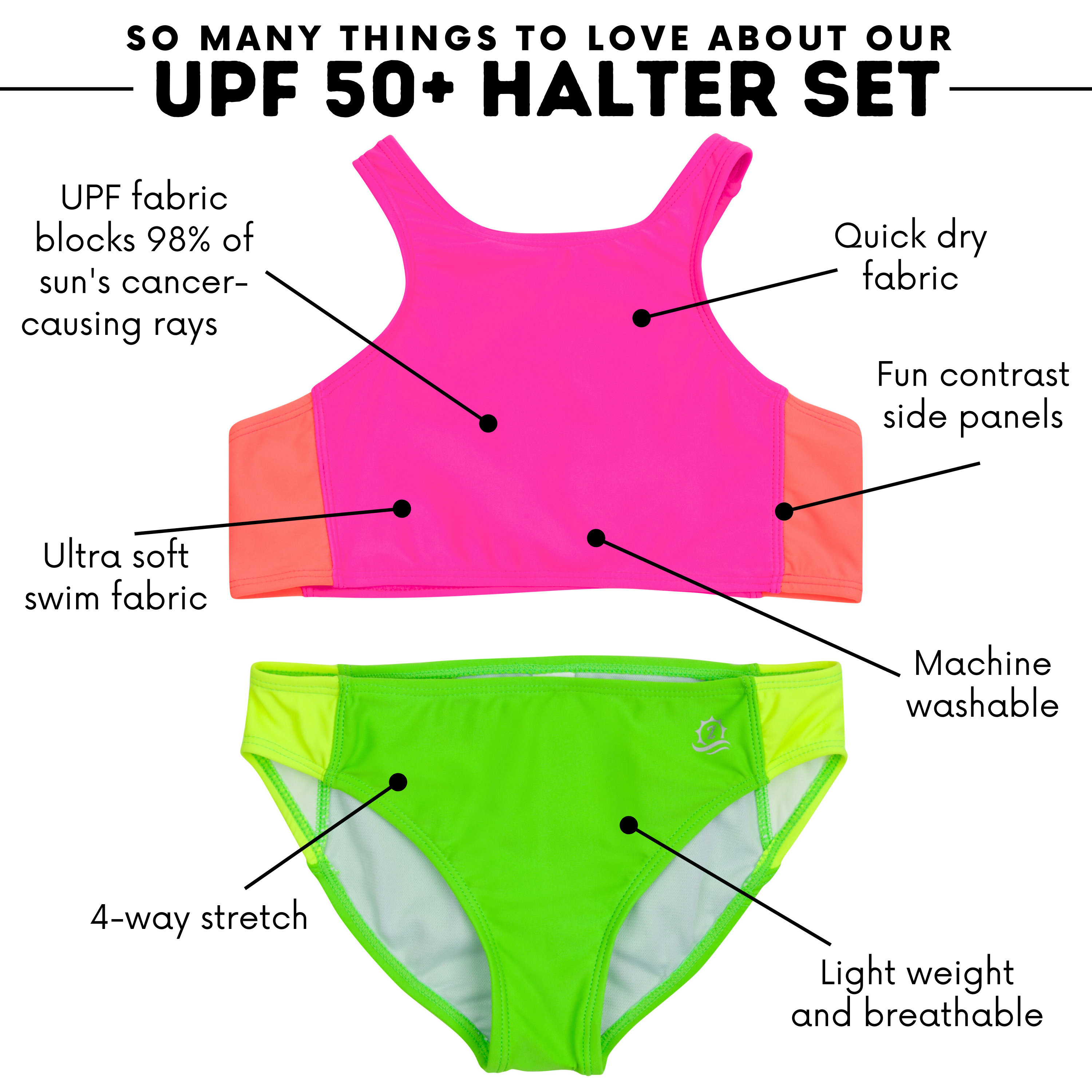 Girls Halter Top Bikini Set (2 Piece) | "Neon Sunrise"-SwimZip UPF 50+ Sun Protective Swimwear & UV Zipper Rash Guards-pos4