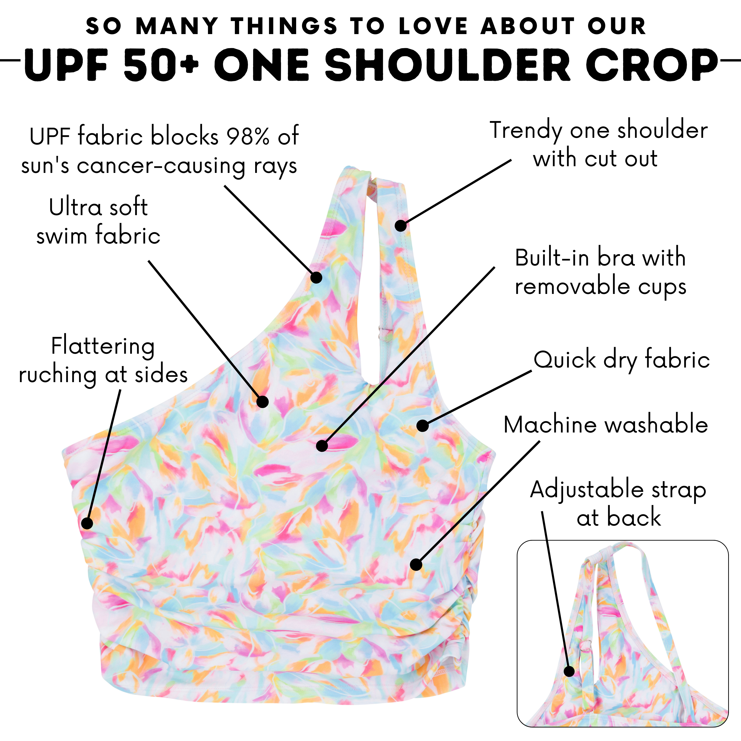 Women’s One Shoulder Crop Tankini Top | “Petals"-SwimZip UPF 50+ Sun Protective Swimwear & UV Zipper Rash Guards-pos4