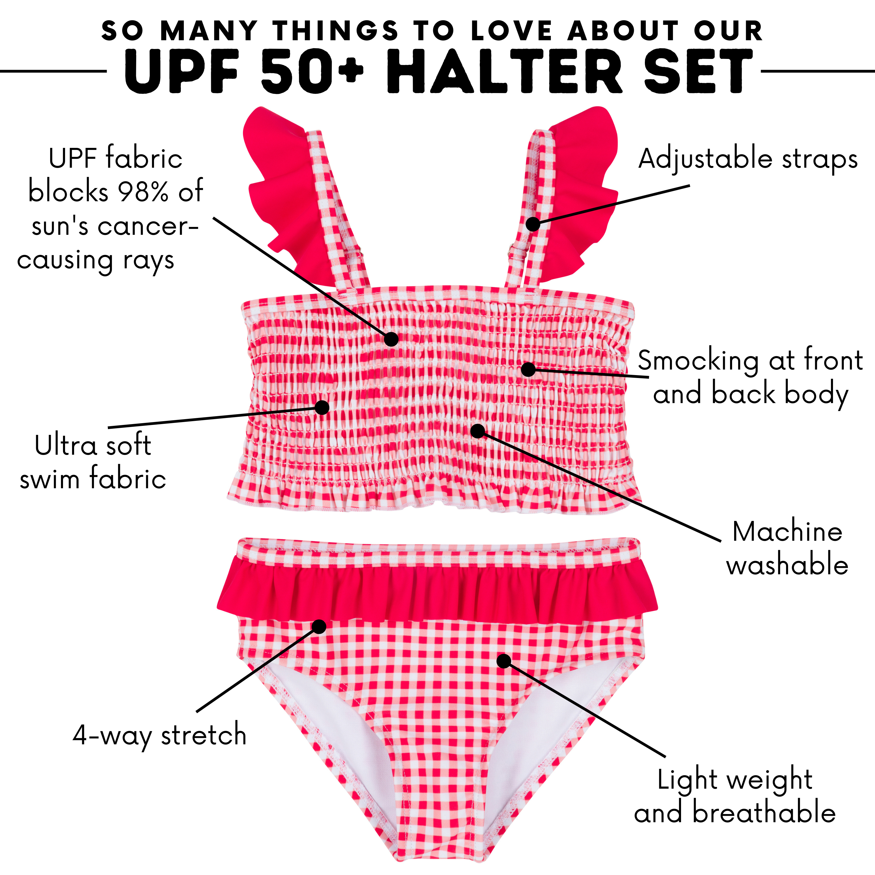 Girls Smocked Bikini (2 Piece) - "Red Gingham"-SwimZip UPF 50+ Sun Protective Swimwear & UV Zipper Rash Guards-pos4