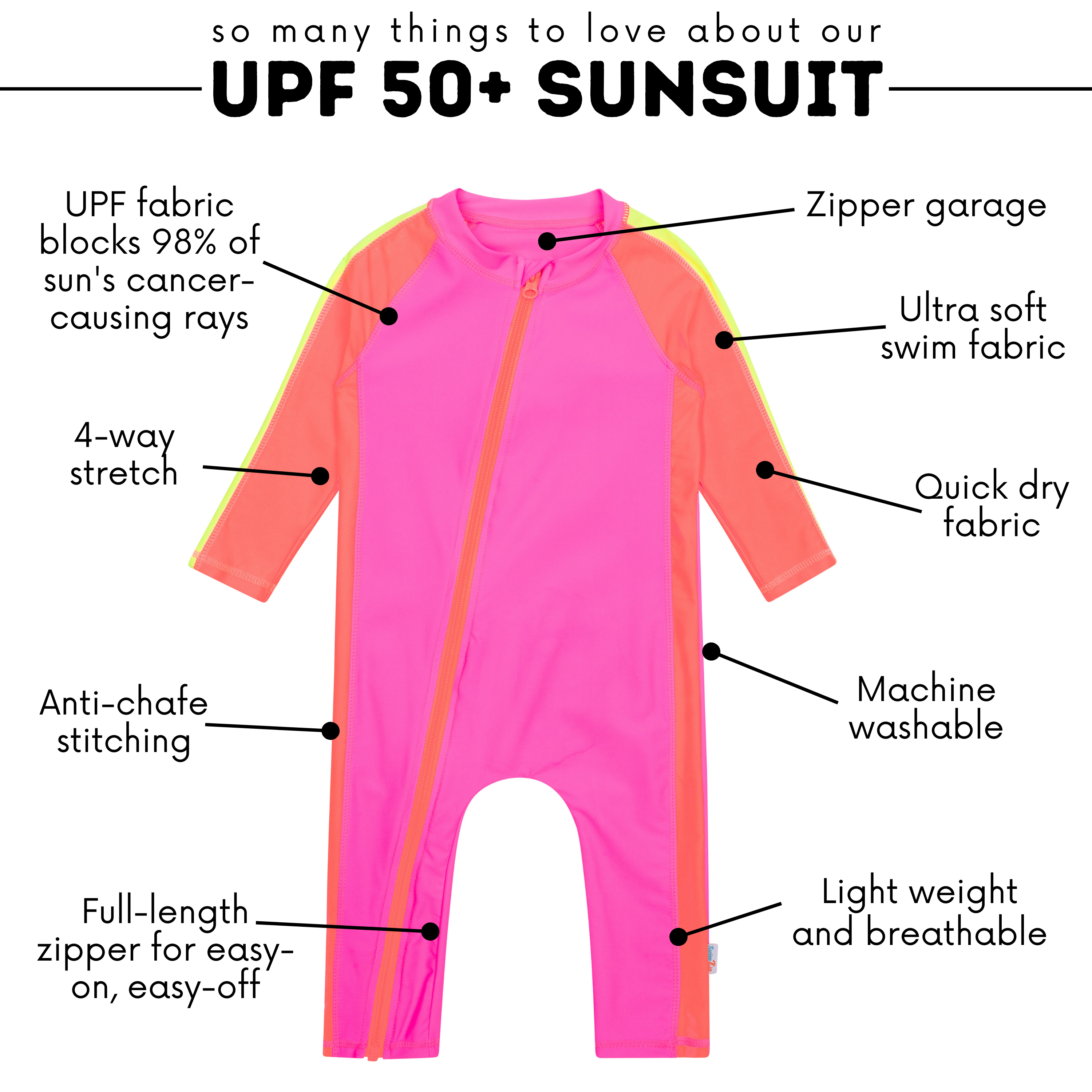 Sunsuit - Long Sleeve Romper Swimsuit | "Neon Pink/Orange"-SwimZip UPF 50+ Sun Protective Swimwear & UV Zipper Rash Guards-pos5