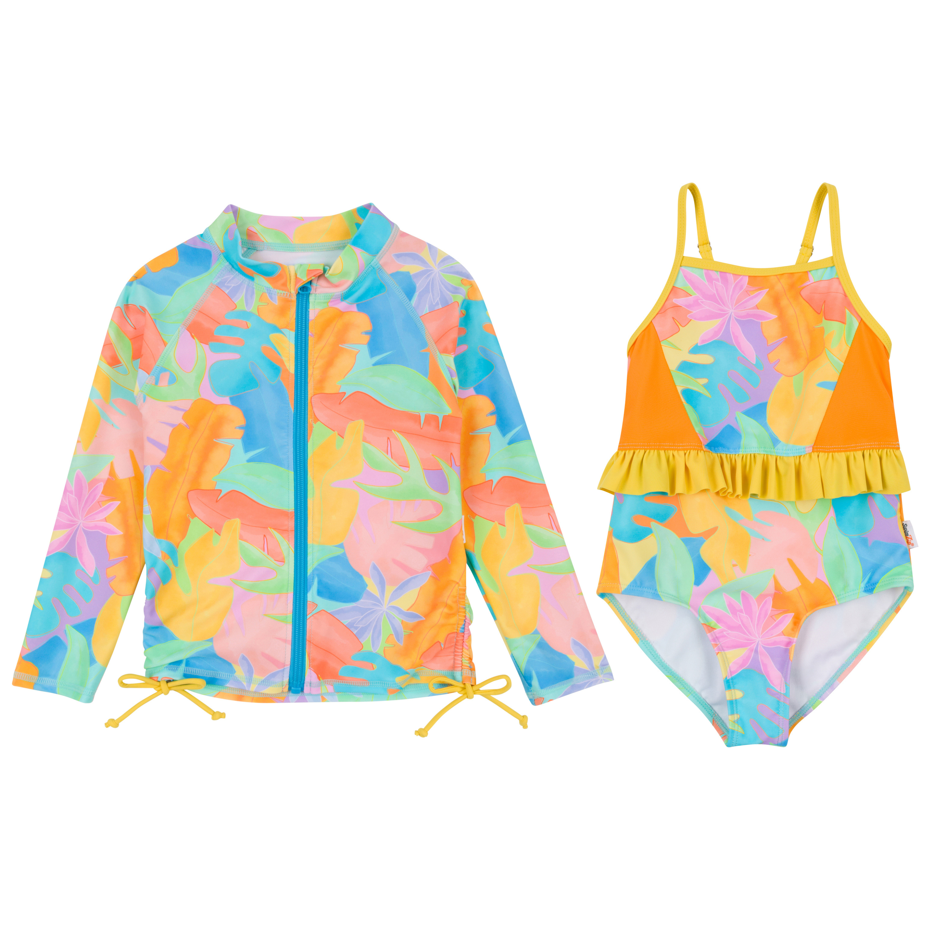 Girls One-Piece Swimsuit + Long Sleeve Rash Guard Set (2 Piece) | "Vibrant Vacay"-SwimZip UPF 50+ Sun Protective Swimwear & UV Zipper Rash Guards-pos1
