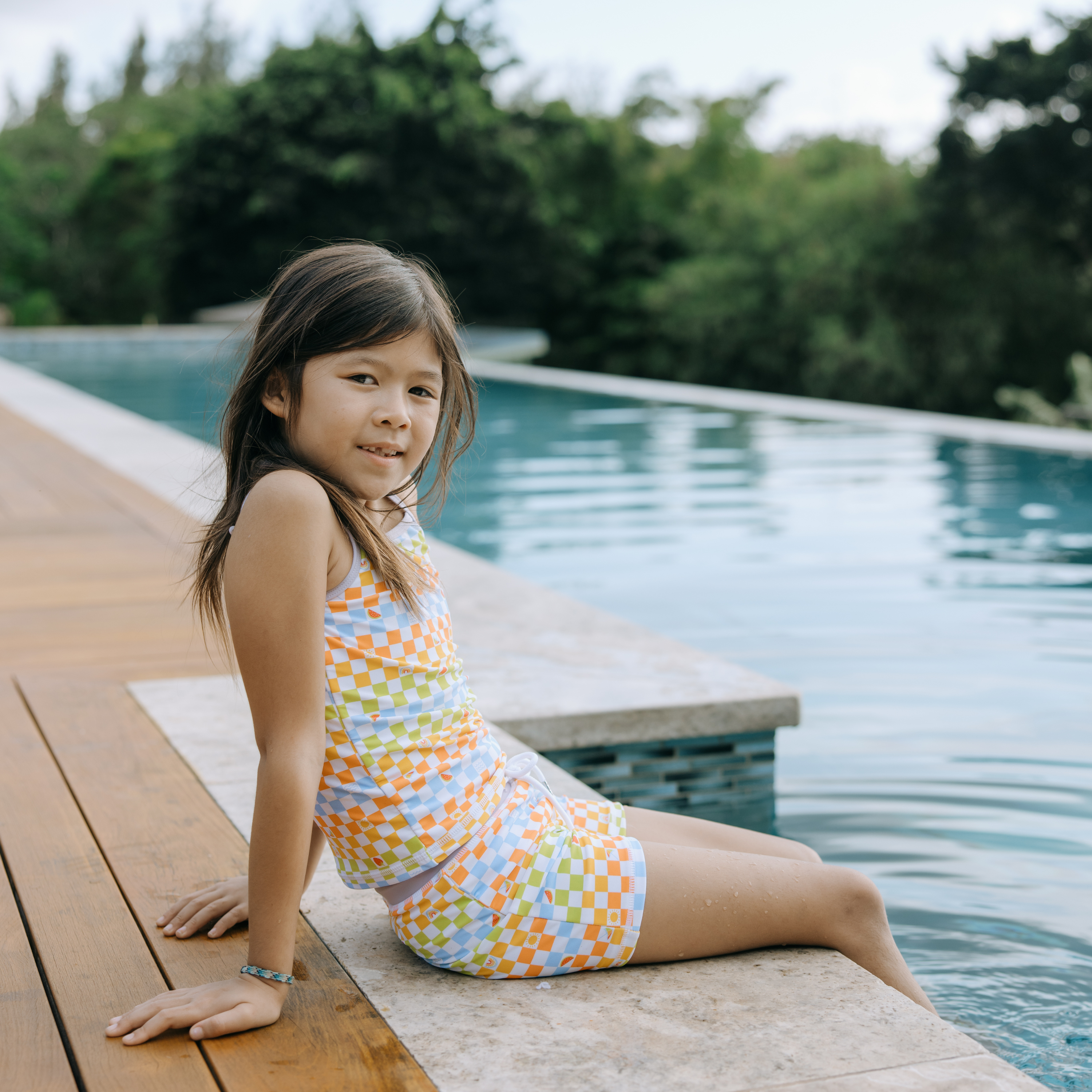 Girls Long Sleeve Rash Guard + Tankini Shorts Set (3 Piece) | "Gamified"-SwimZip UPF 50+ Sun Protective Swimwear & UV Zipper Rash Guards-pos2