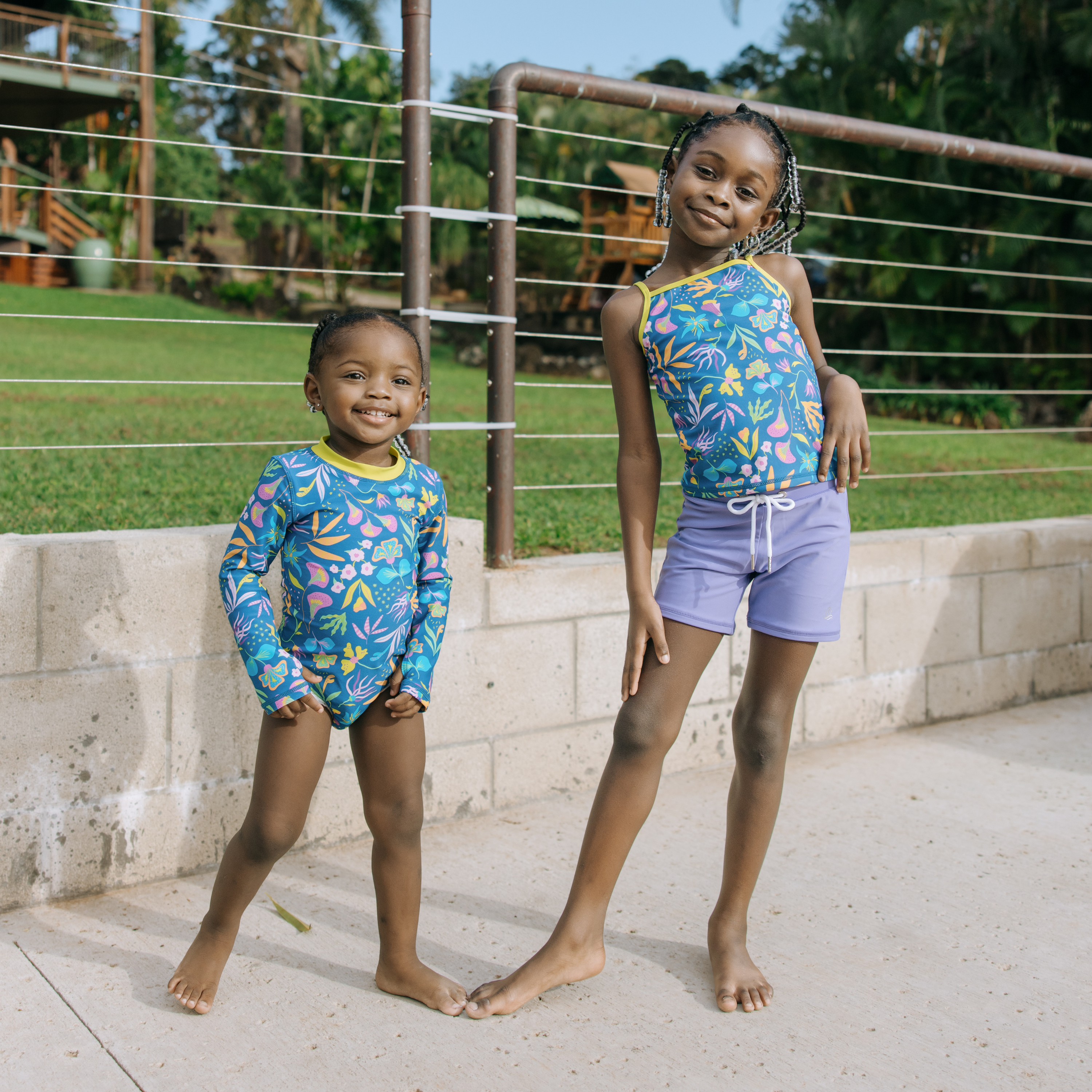 Girls Long Sleeve Rash Guard + Tankini Shorts Set (3 Piece) | "Tropadelic"-SwimZip UPF 50+ Sun Protective Swimwear & UV Zipper Rash Guards-pos2