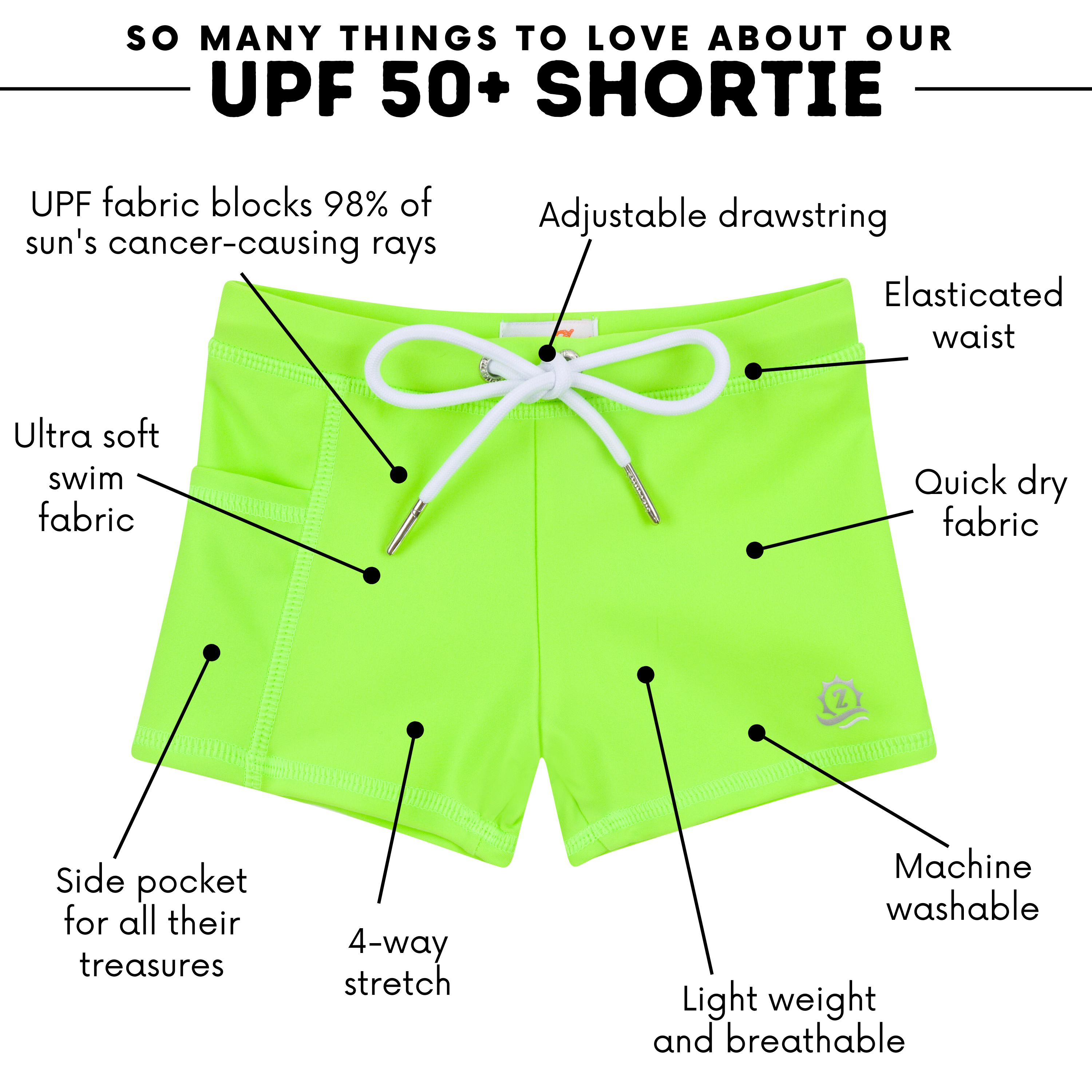 Kids Euro Swim Shorties | "Electric Green"-SwimZip UPF 50+ Sun Protective Swimwear & UV Zipper Rash Guards-pos4
