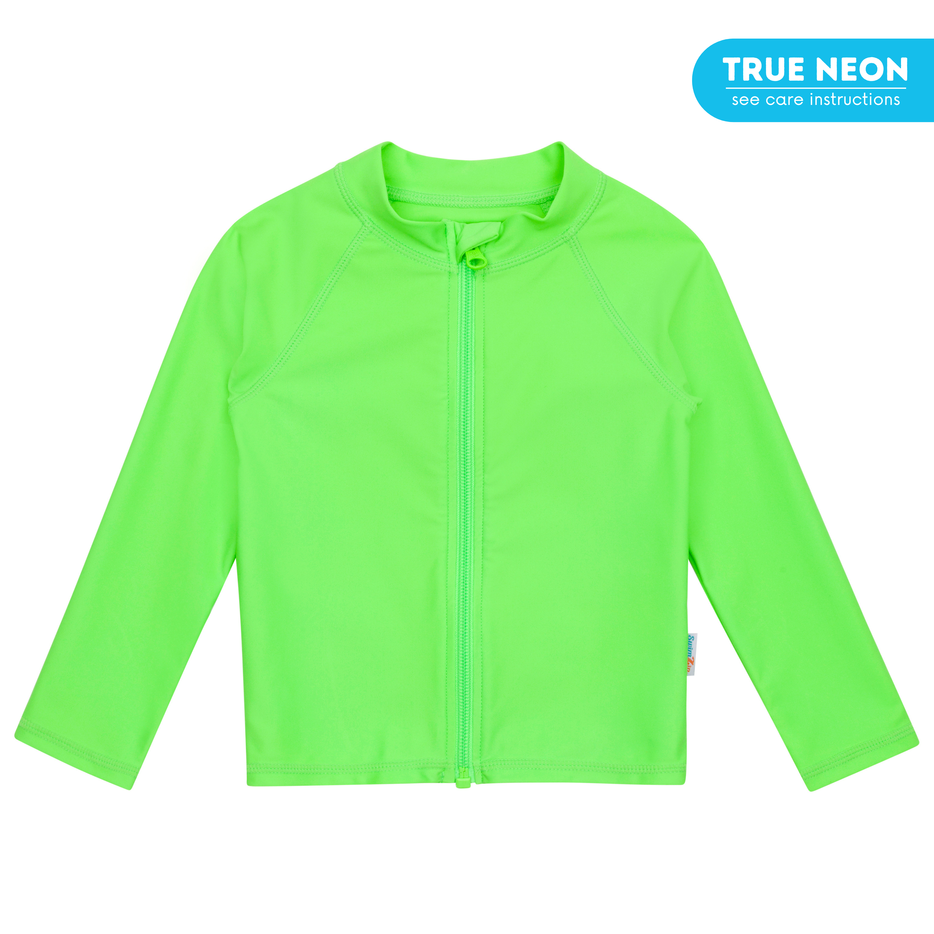 Kids UPF 50+ Long Sleeve Zipper Rash Guard Swim Shirt | "Neon Green"-6-12 Month-Neon Green-SwimZip UPF 50+ Sun Protective Swimwear & UV Zipper Rash Guards-pos1