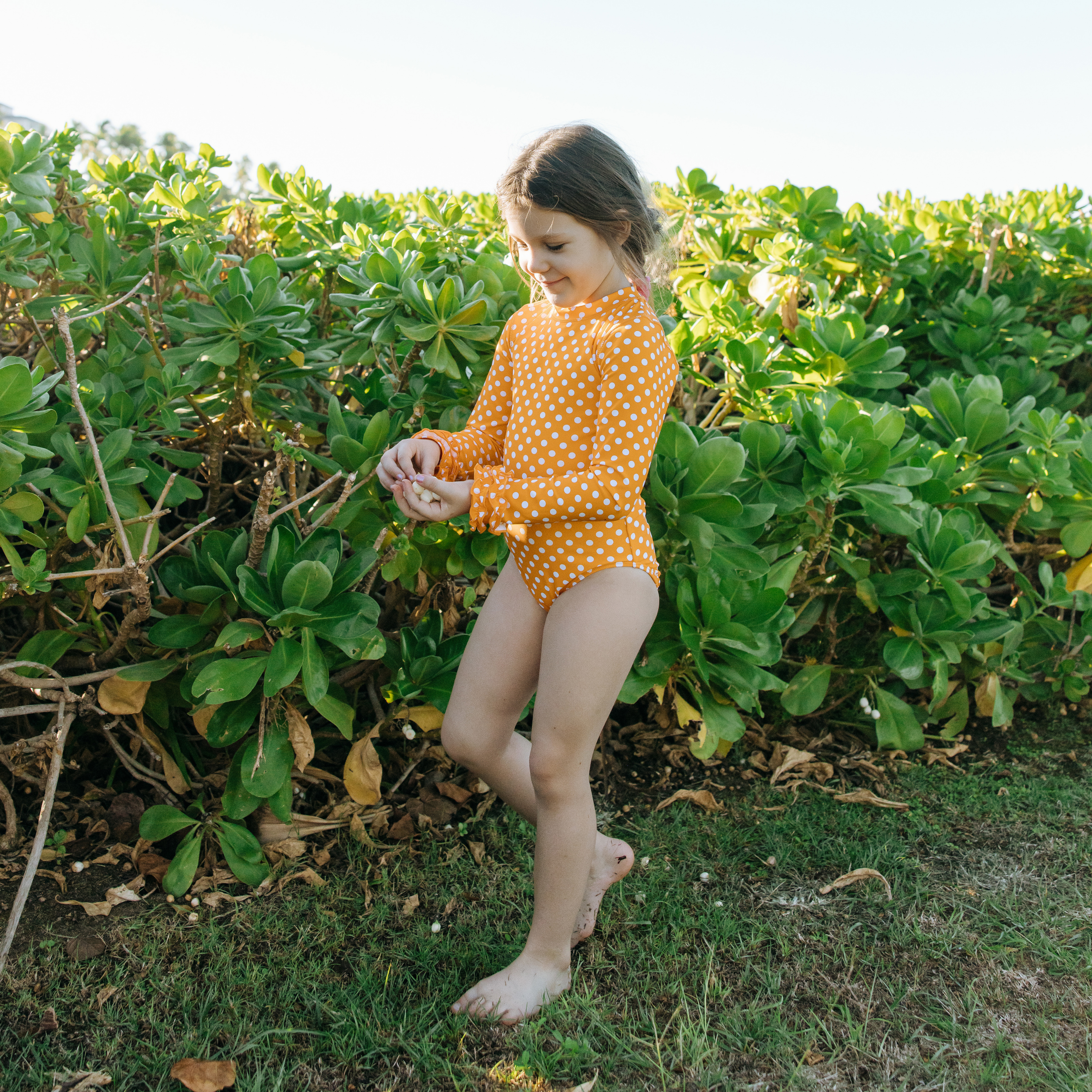 Girls Long Sleeve Surf Suit (One Piece Bodysuit) | "Orange Sassy Surfer"-SwimZip UPF 50+ Sun Protective Swimwear & UV Zipper Rash Guards-pos9