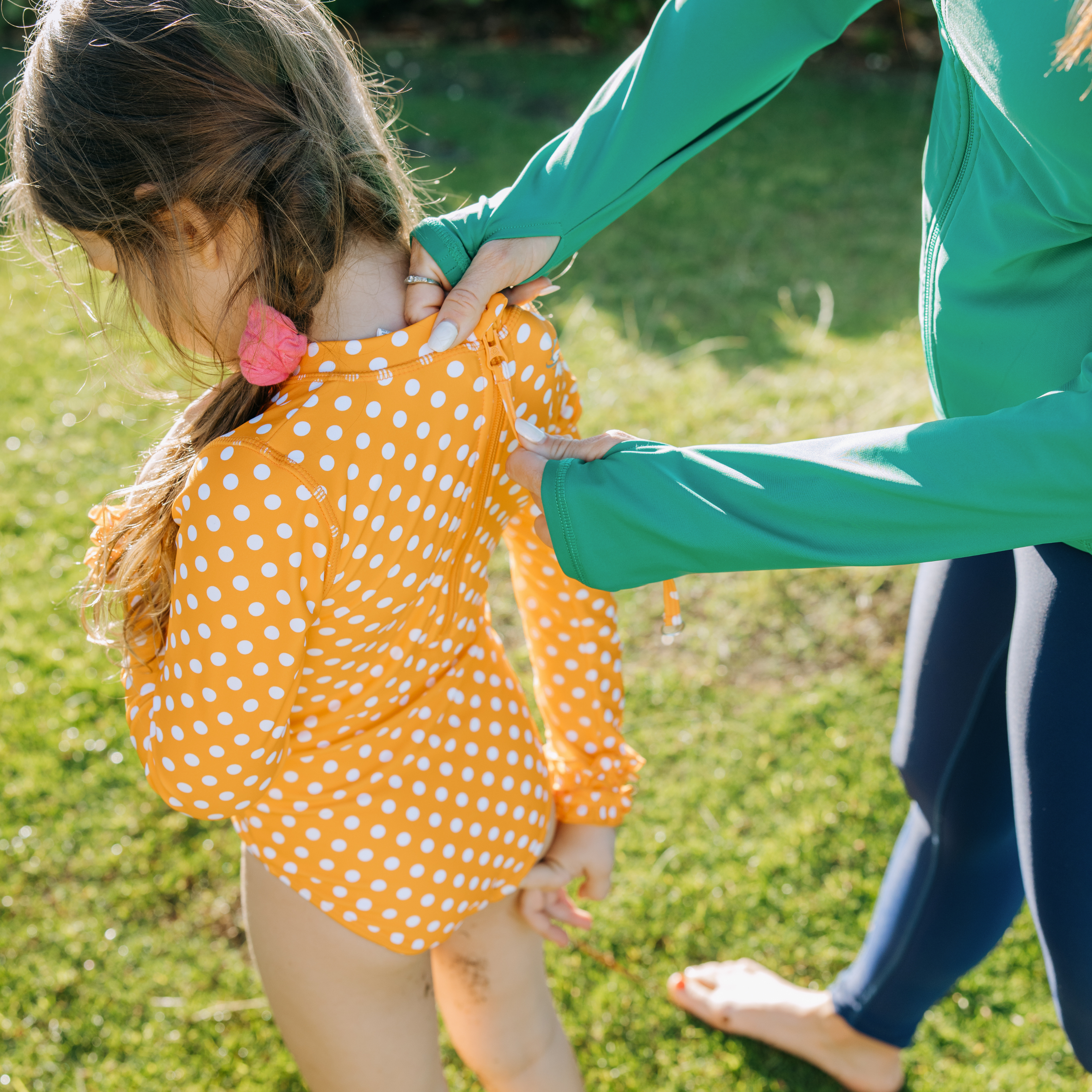 Girls Long Sleeve Surf Suit (One Piece Bodysuit) | "Orange Sassy Surfer"-SwimZip UPF 50+ Sun Protective Swimwear & UV Zipper Rash Guards-pos10