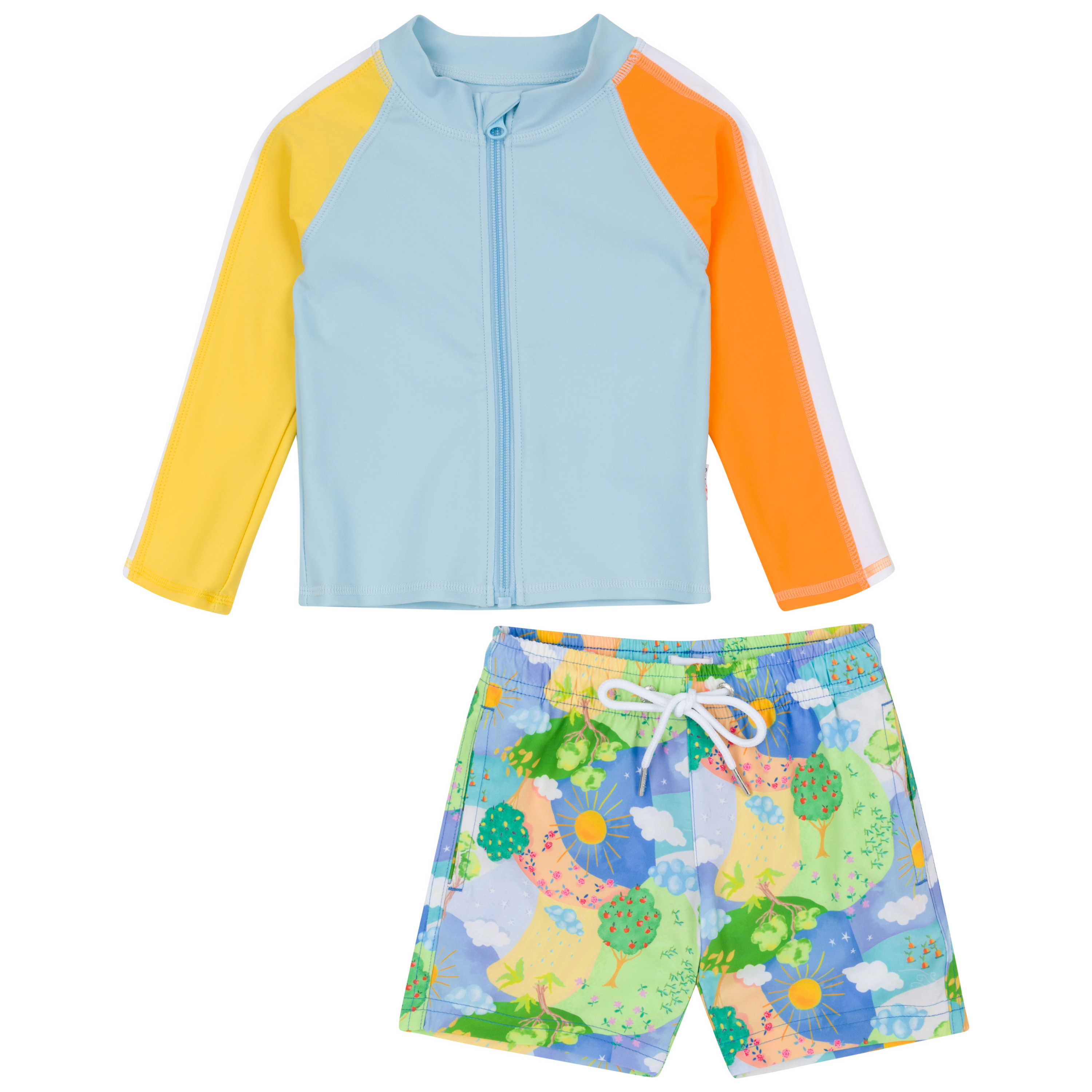 Boys Long Sleeve Zipper Rash Guard and Swim Trunk Set | "Sunshine"-0-3 Month-Sunshine-SwimZip UPF 50+ Sun Protective Swimwear & UV Zipper Rash Guards-pos1