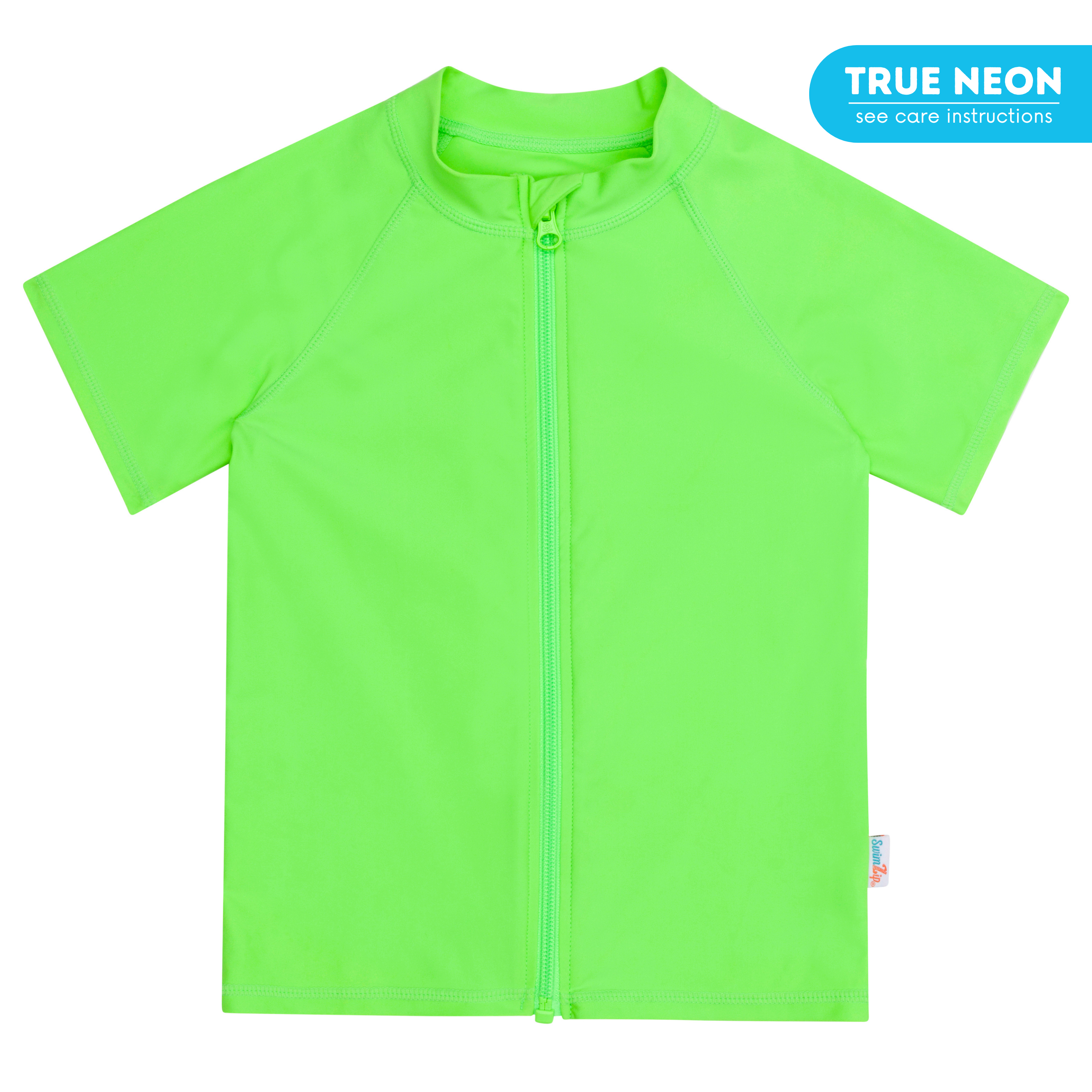 Kids Short-Sleeve Zipper Rash Guard Swim Shirt | Neon Green-6-12 Month-Neon Green-SwimZip UPF 50+ Sun Protective Swimwear & UV Zipper Rash Guards-pos1