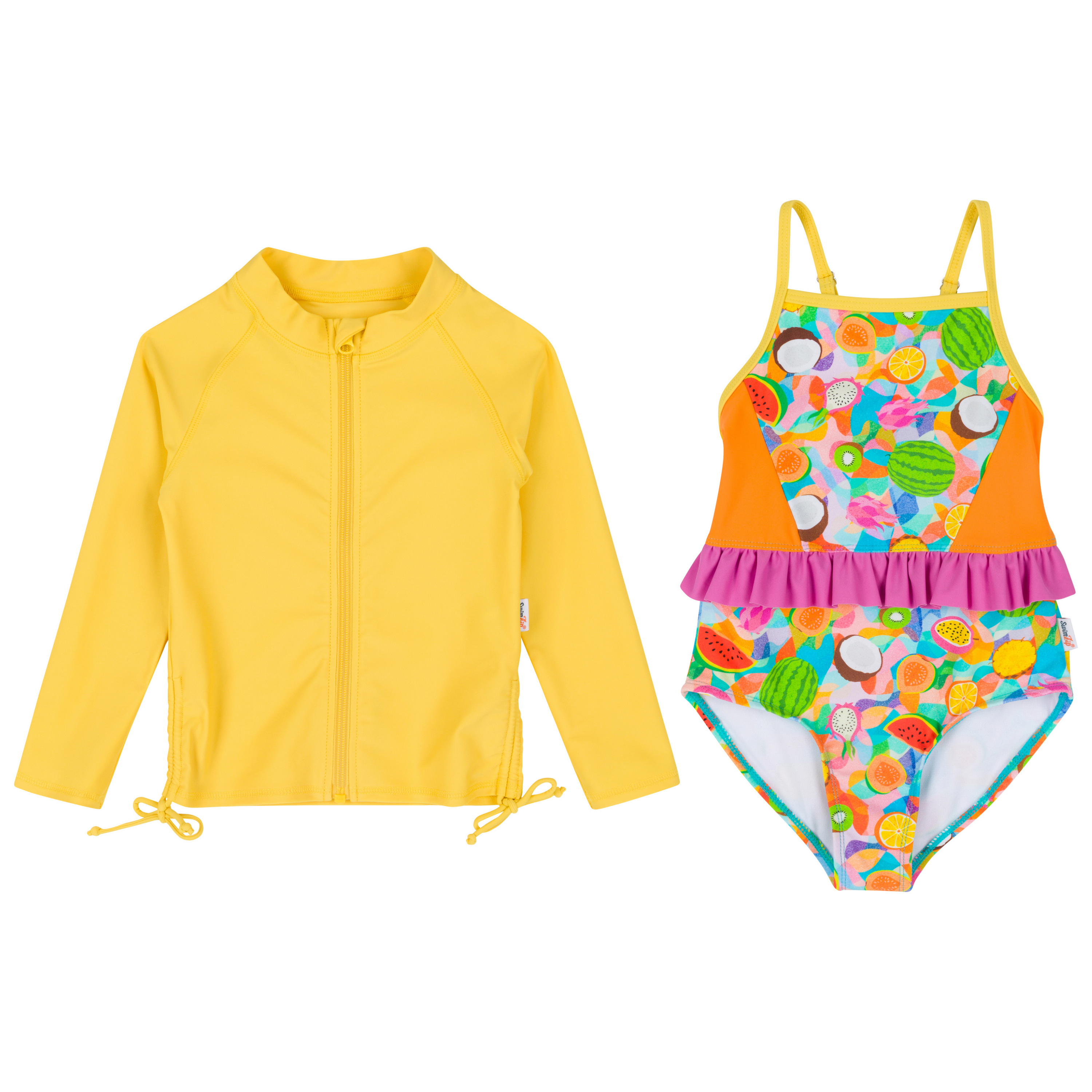 Girls One-Piece Swimsuit + Long Sleeve Rash Guard Set (2 Piece) | "Fruit Salad"-6-12 Month-Fruit Salad-SwimZip UPF 50+ Sun Protective Swimwear & UV Zipper Rash Guards-pos1