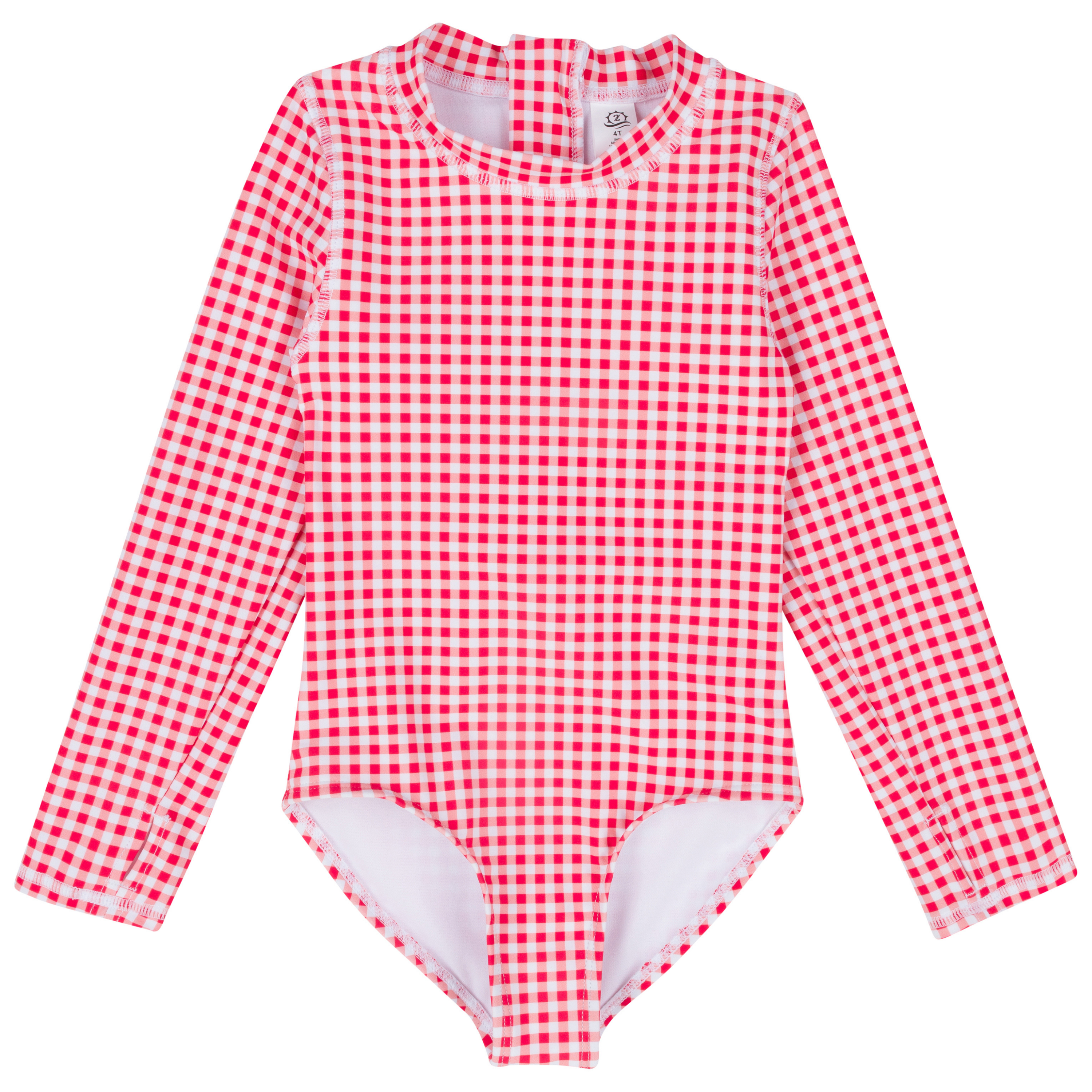 Girls Long Sleeve Surf Suit (One Piece Bodysuit) | "Red Gingham"-0-3 Month-Red Gingham-SwimZip UPF 50+ Sun Protective Swimwear & UV Zipper Rash Guards-pos1