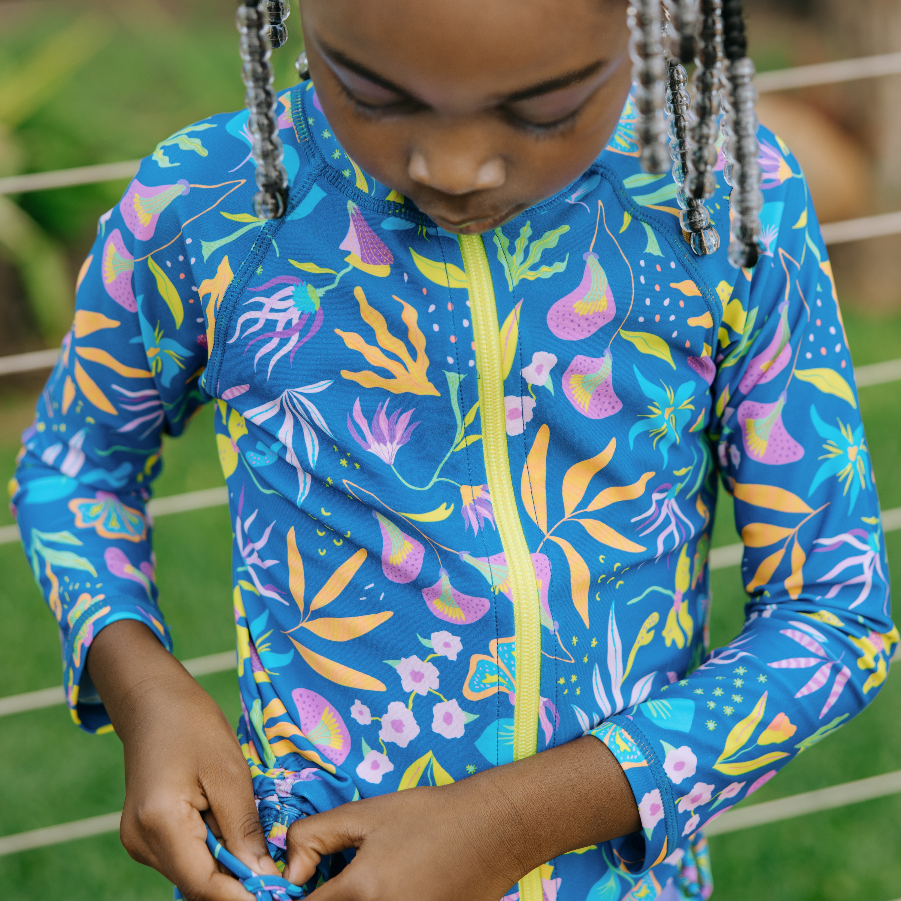 Girls Long Sleeve Rash Guard + Tankini Shorts Set (3 Piece) | "Tropadelic"-SwimZip UPF 50+ Sun Protective Swimwear & UV Zipper Rash Guards-pos3