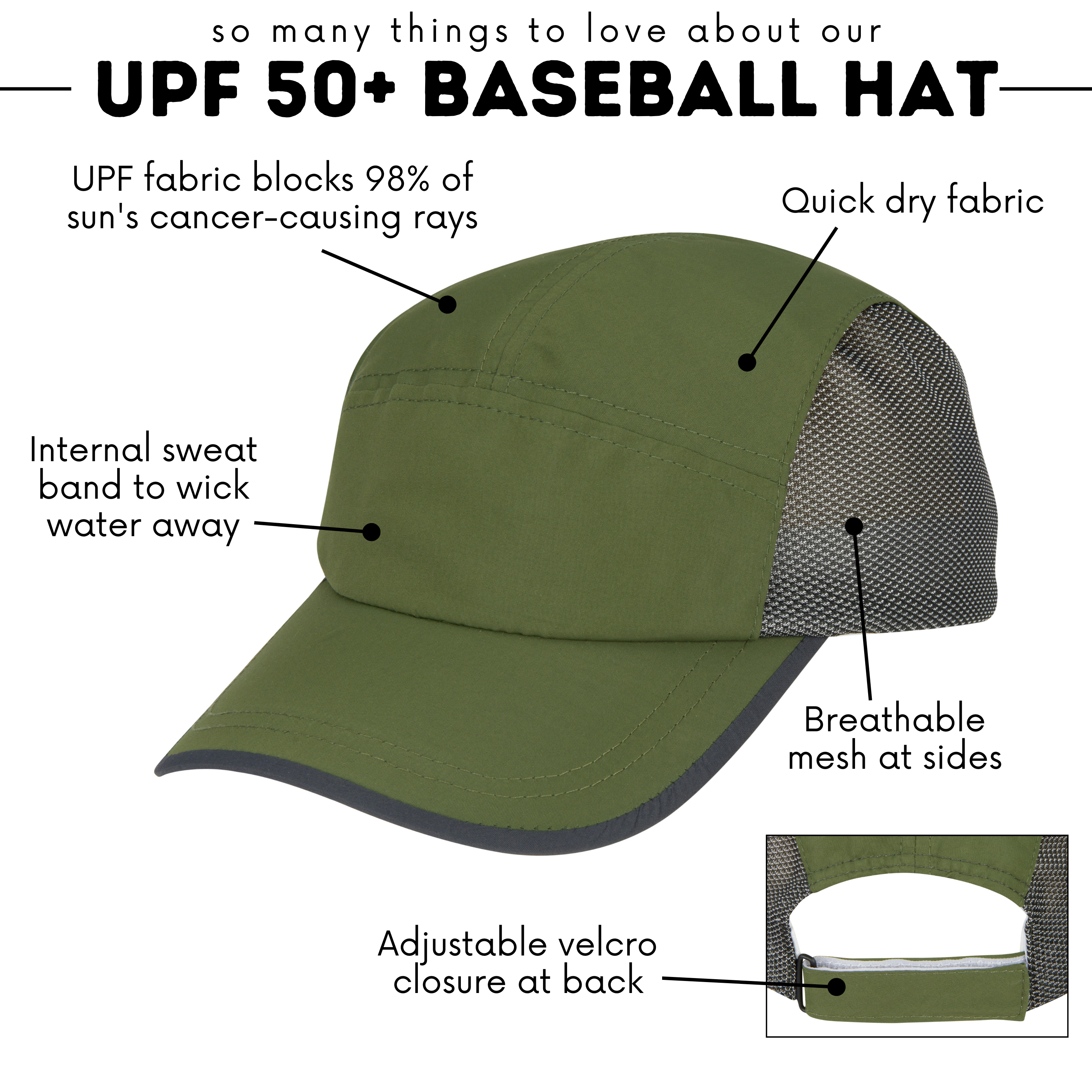 Adjustable UPF Baseball Hat - one-size fits all | Olive-SwimZip UPF 50+ Sun Protective Swimwear & UV Zipper Rash Guards-pos5