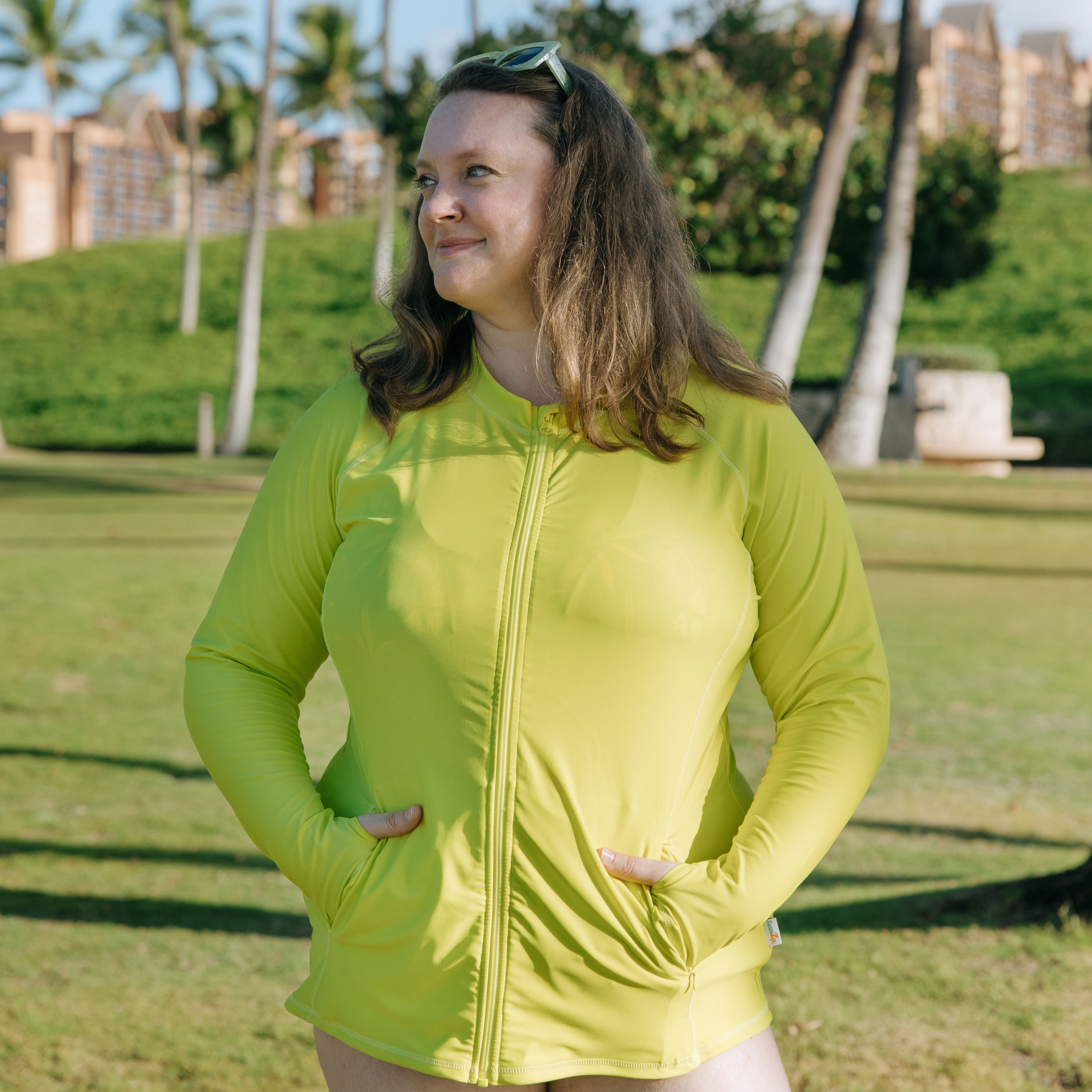 Women's Long Sleeve Rash Guard with Pockets | "Sulphur Yellow"-SwimZip UPF 50+ Sun Protective Swimwear & UV Zipper Rash Guards-pos3