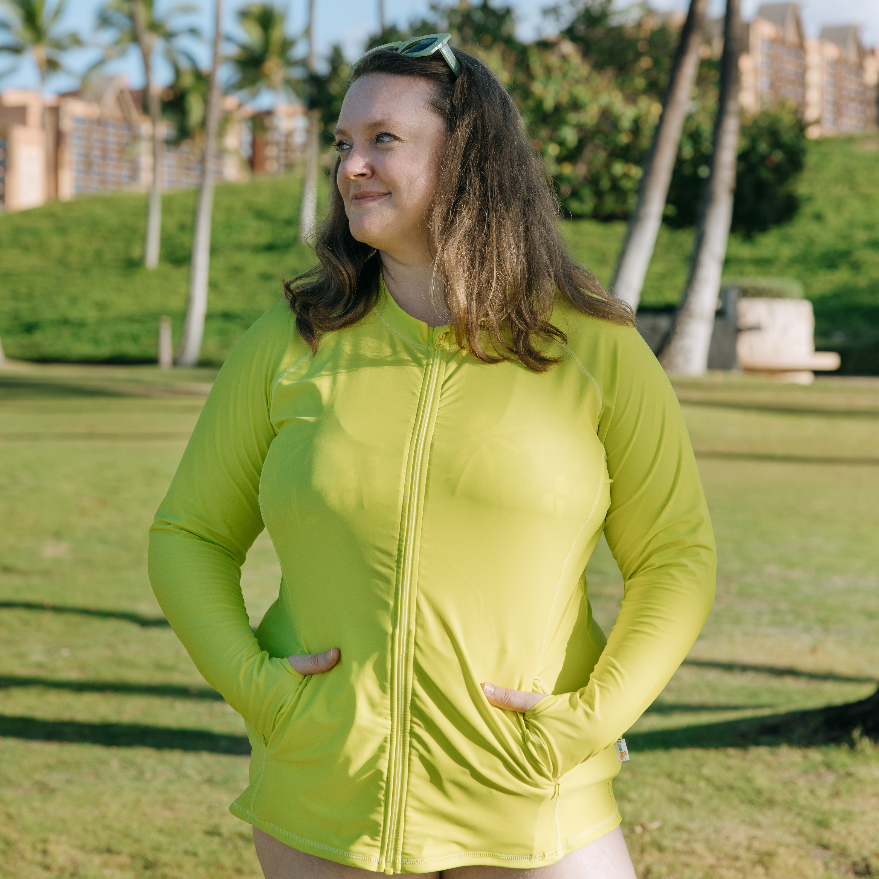 Women's Long Sleeve Rash Guard with Pockets | "Sulphur Yellow"-SwimZip UPF 50+ Sun Protective Swimwear & UV Zipper Rash Guards-pos9