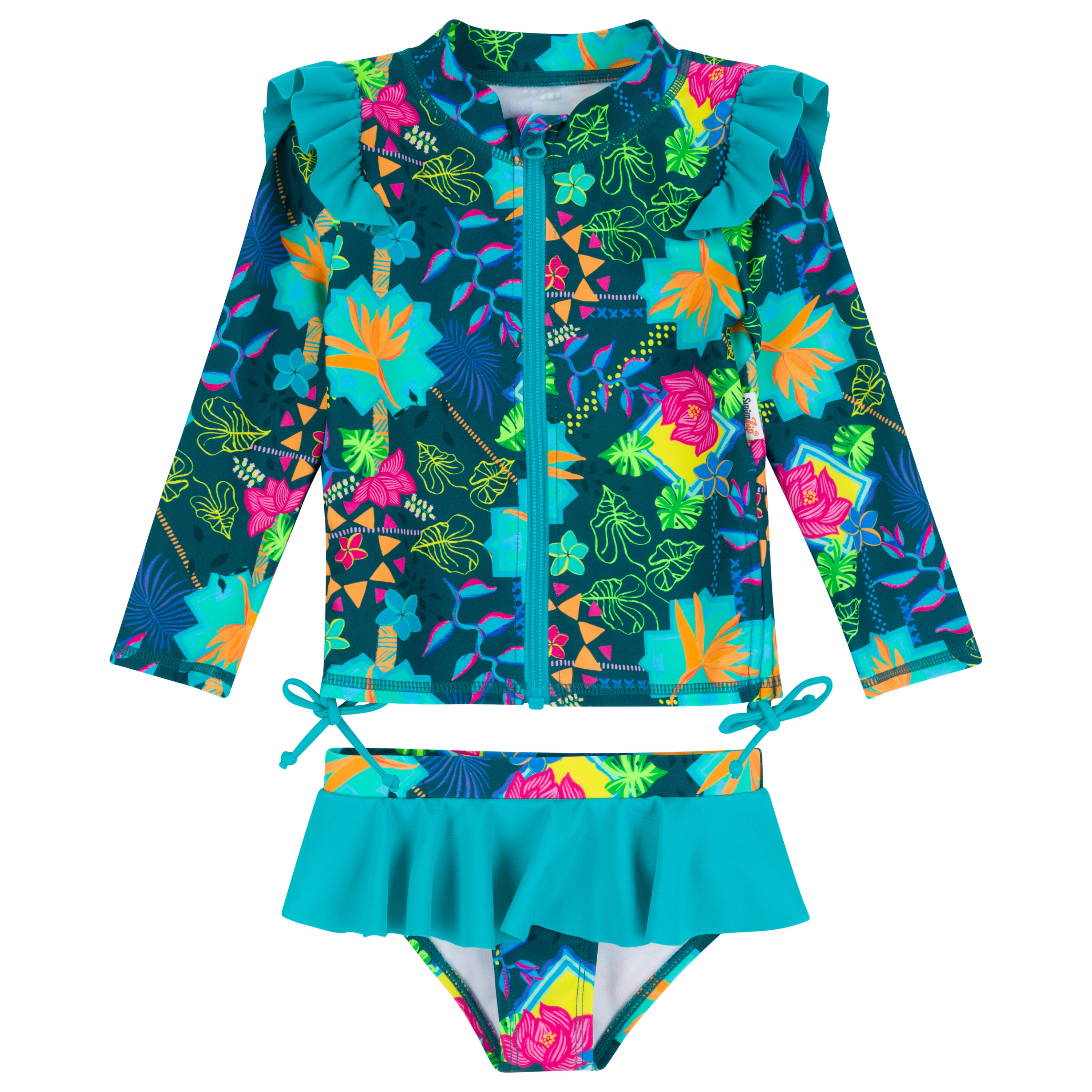 Girls Long Sleeve Rash Guard Ruffle Bottom Swimsuit Set (2 Piece) | "Summer Max"-6-12 Month-Summer Max-SwimZip UPF 50+ Sun Protective Swimwear & UV Zipper Rash Guards-pos1