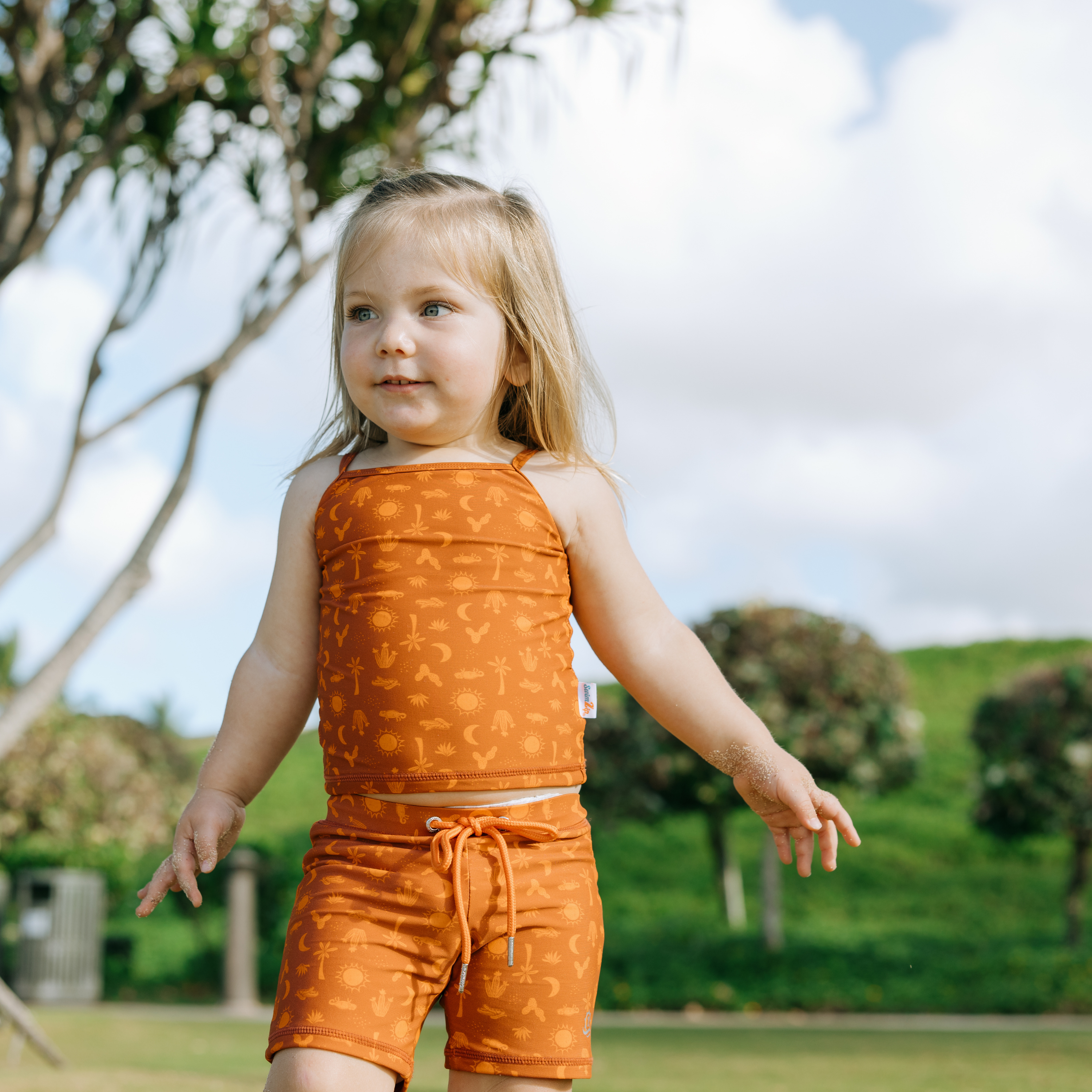 Girls Long Sleeve Rash Guard + Tankini Shorts Set (3 Piece) | "Desert"-SwimZip UPF 50+ Sun Protective Swimwear & UV Zipper Rash Guards-pos5