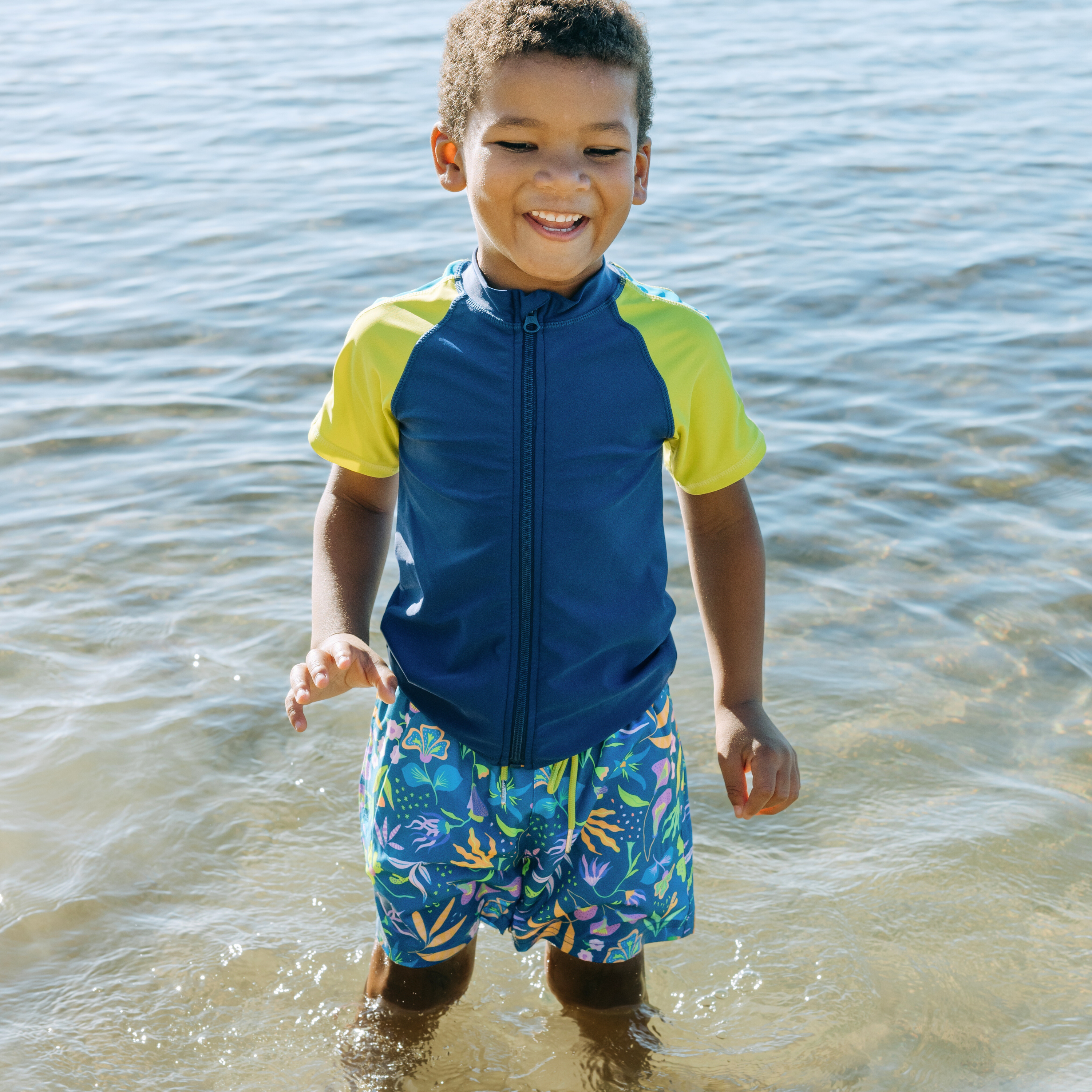 Boys Short Sleeve Zipper Rash Guard and Swim Trunk Set | "Tropadelic"-SwimZip UPF 50+ Sun Protective Swimwear & UV Zipper Rash Guards-pos2