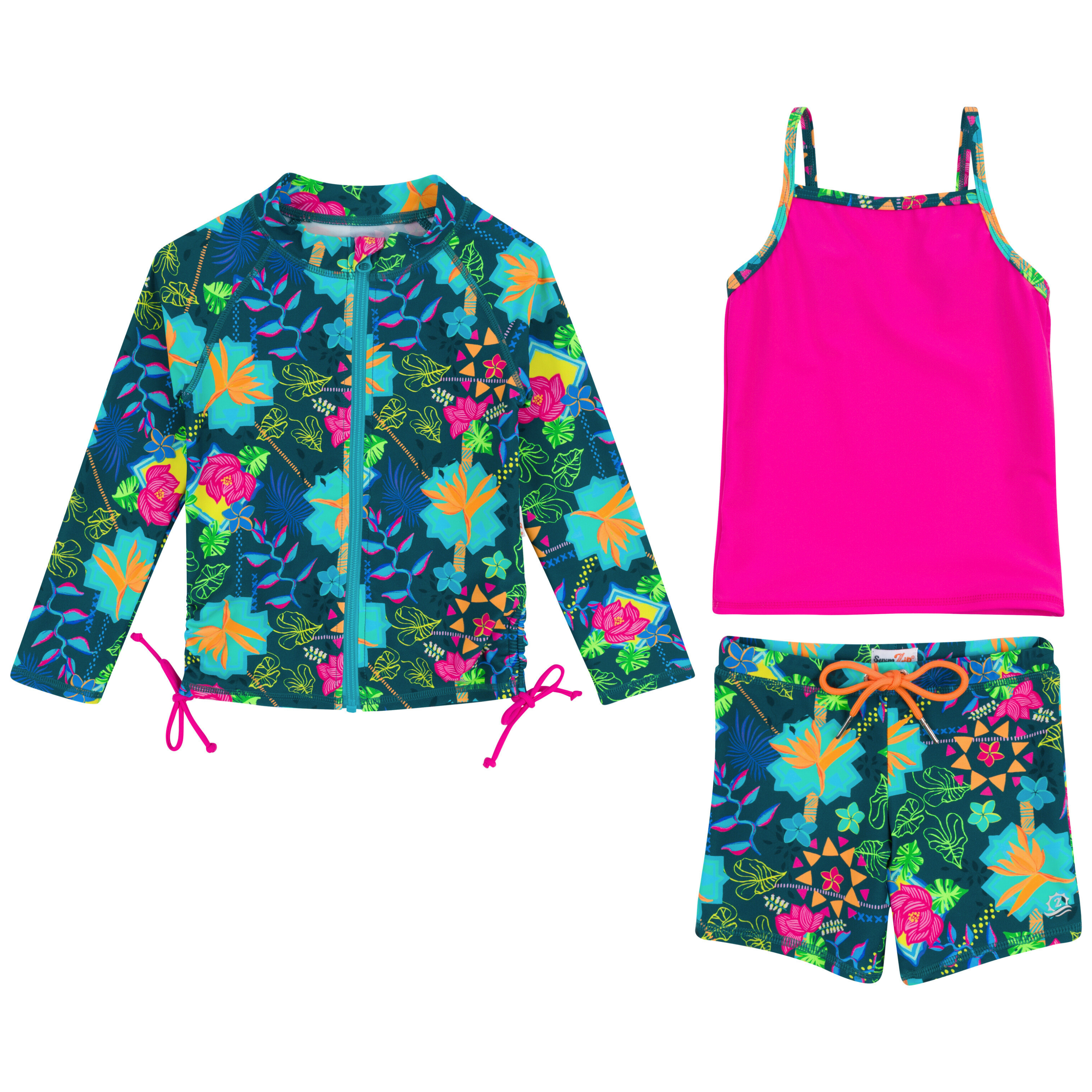 Girls Long Sleeve Rash Guard + Tankini Shorts Set (3 Piece) | "Summer Max"-2T-Summer Max-SwimZip UPF 50+ Sun Protective Swimwear & UV Zipper Rash Guards-pos1