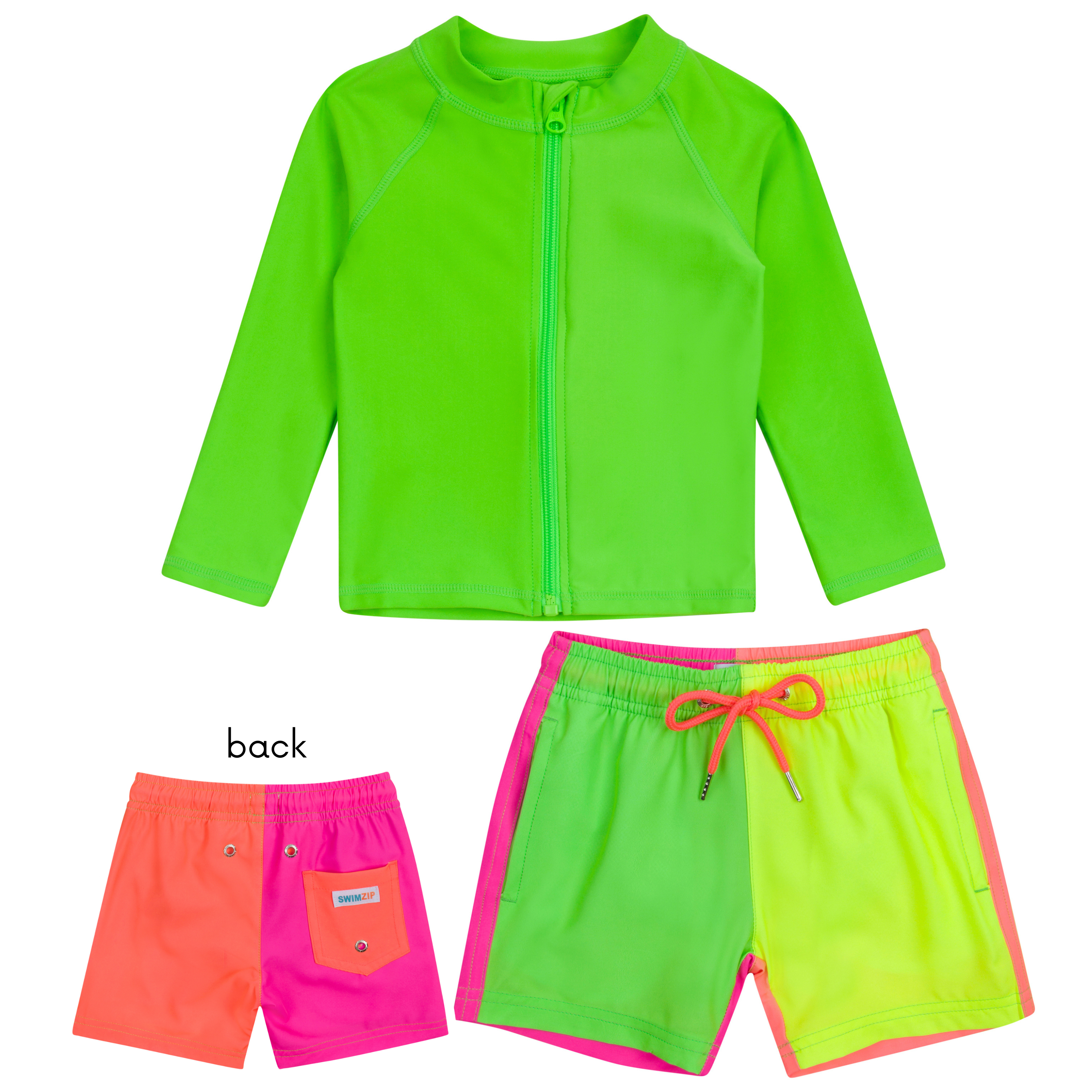 Boys Long Sleeve Zipper Rash Guard and Swim Trunk Set | "Neon Sunrise"-6-12 Month-Neon Sunrise-SwimZip UPF 50+ Sun Protective Swimwear & UV Zipper Rash Guards-pos1