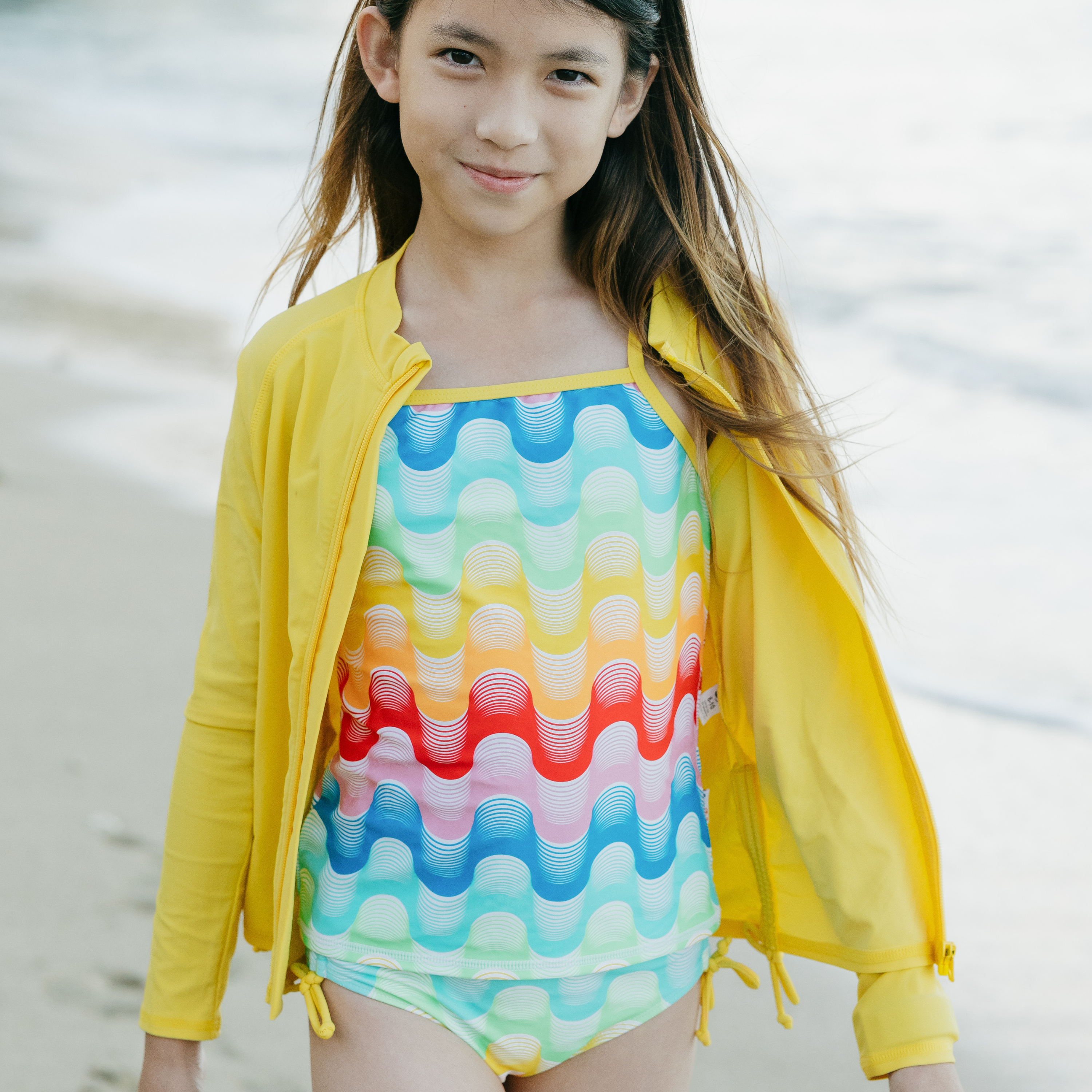 Girls Long Sleeve Rash Guard + Tankini Bikini Set (3 Piece) | "Surf's Up"-SwimZip UPF 50+ Sun Protective Swimwear & UV Zipper Rash Guards-pos7