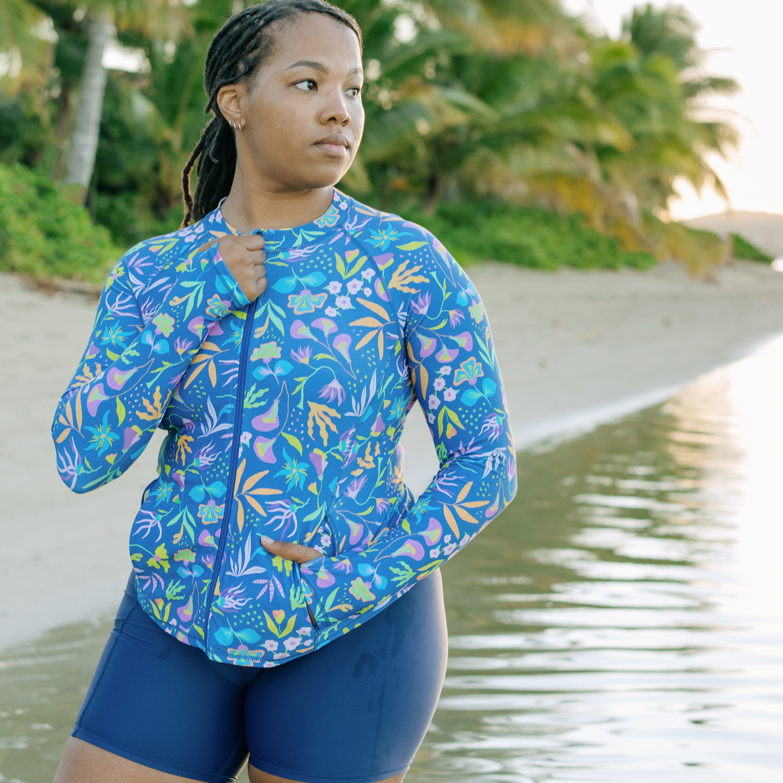 Women's Long Sleeve Rash Guard with Pockets | "Tropadelic"-SwimZip UPF 50+ Sun Protective Swimwear & UV Zipper Rash Guards-pos6