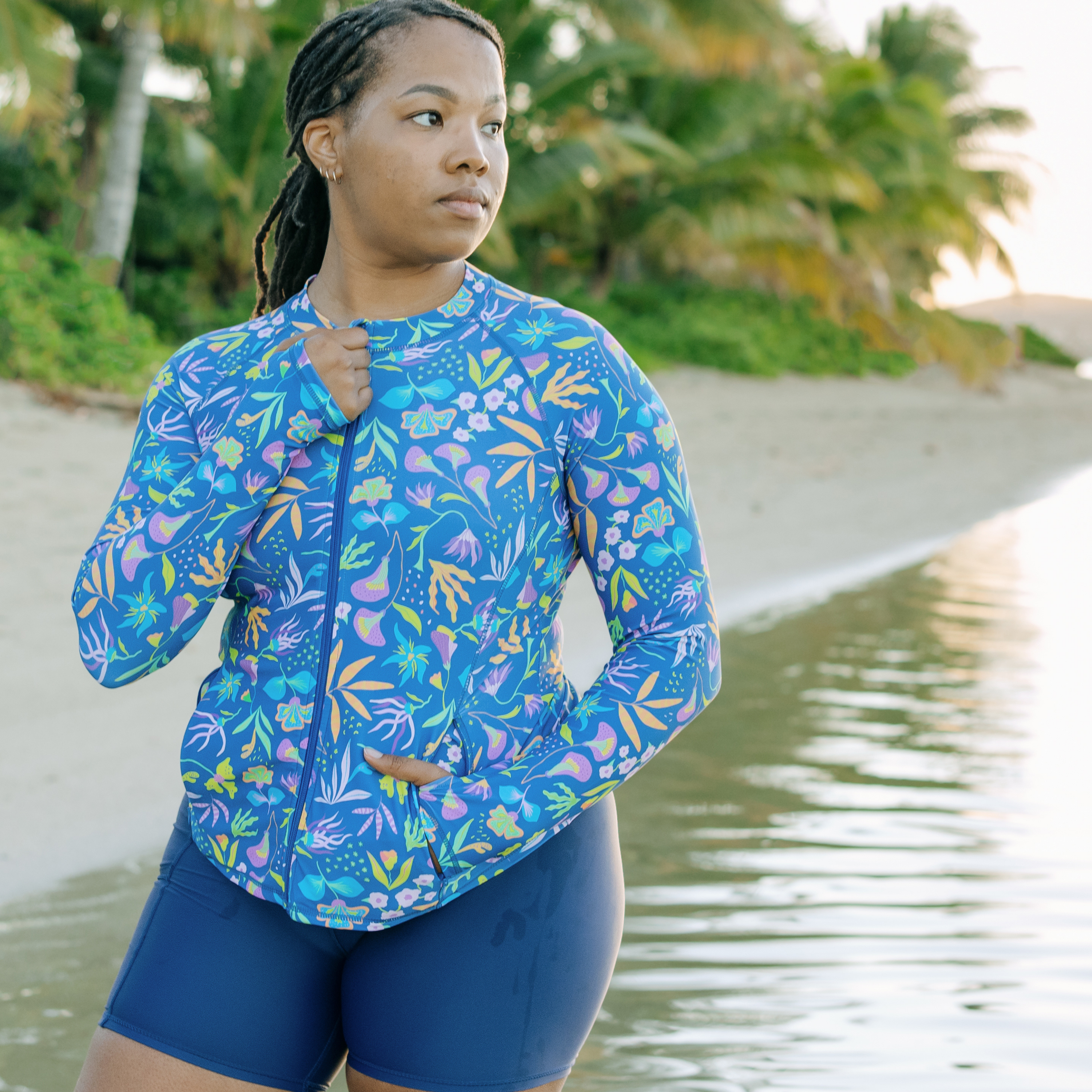 Women's Long Sleeve Rash Guard with Pockets | "Tropadelic"-SwimZip UPF 50+ Sun Protective Swimwear & UV Zipper Rash Guards-pos7