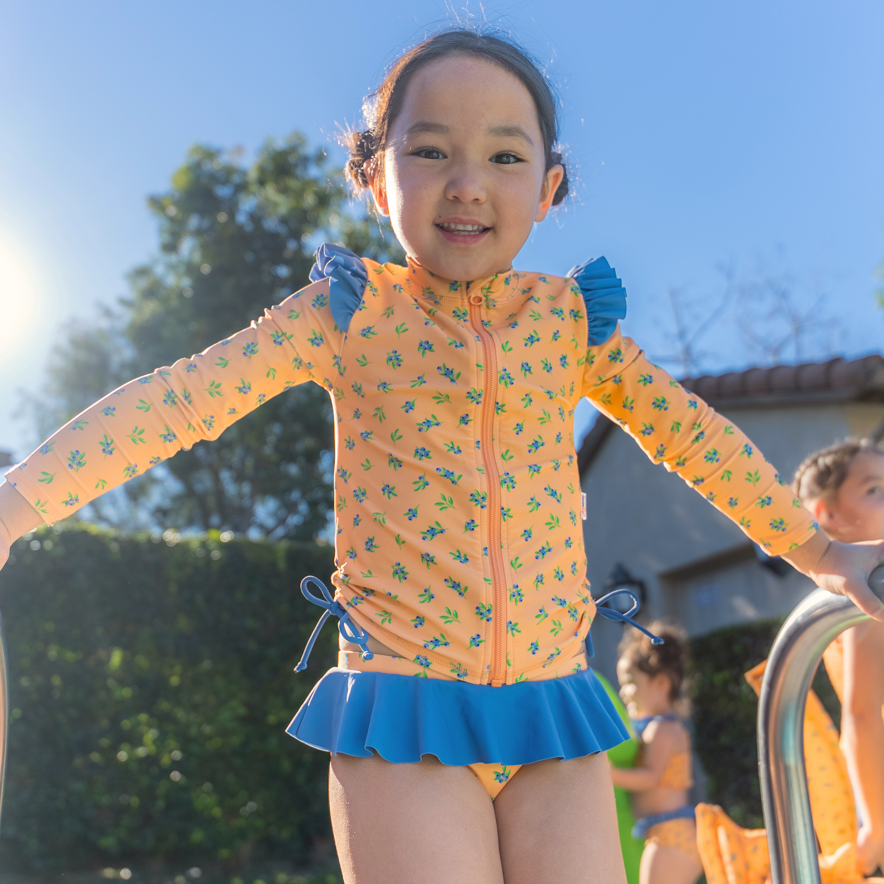 Girls Long Sleeve Rash Guard Ruffle Bottom Swimsuit Set (2 Piece) | "Berry Bliss"-SwimZip UPF 50+ Sun Protective Swimwear & UV Zipper Rash Guards-pos2