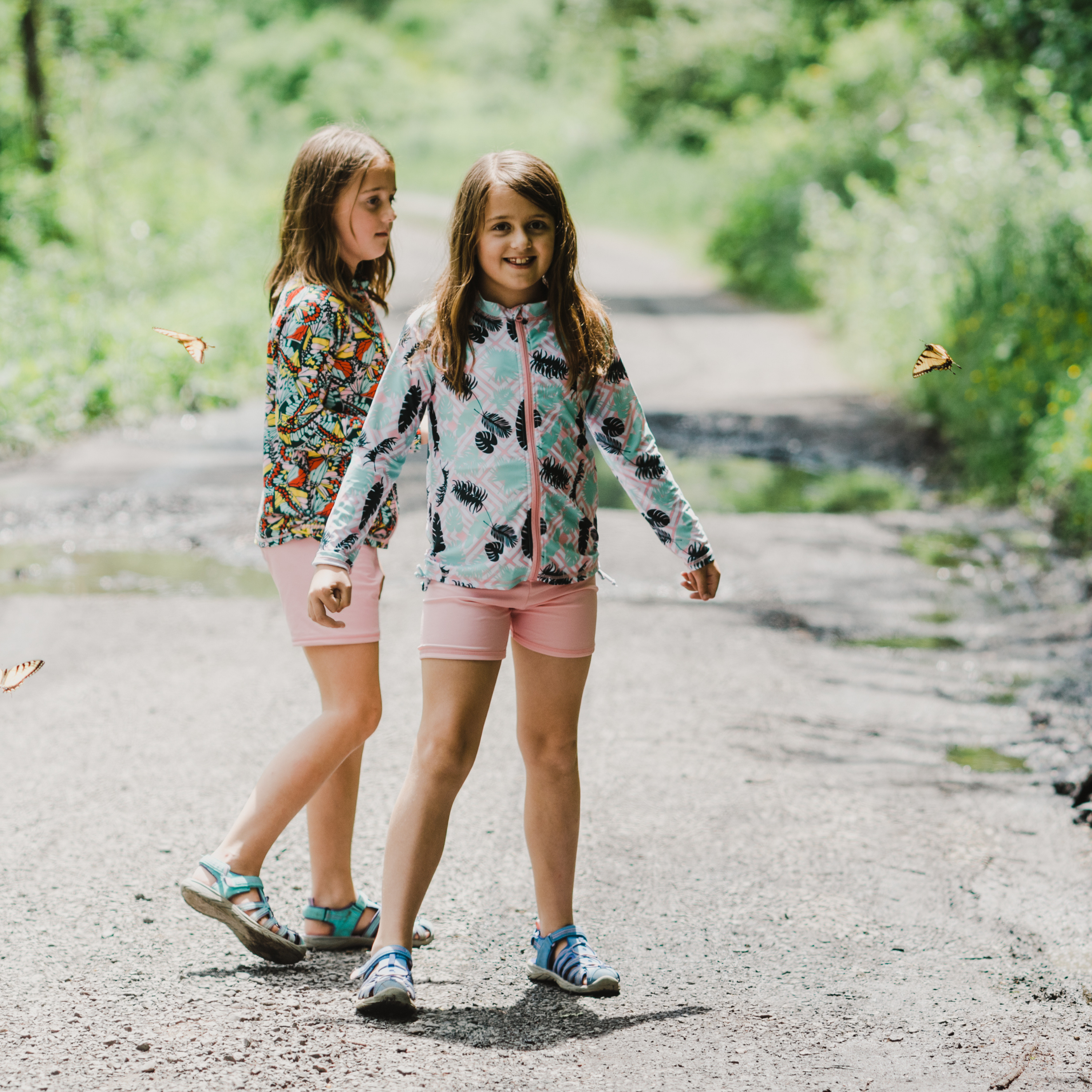 Girls Long Sleeve Rash Guard + Tankini Shorts Set (3 Piece) | "Palm Breeze"-SwimZip UPF 50+ Sun Protective Swimwear & UV Zipper Rash Guards-pos3