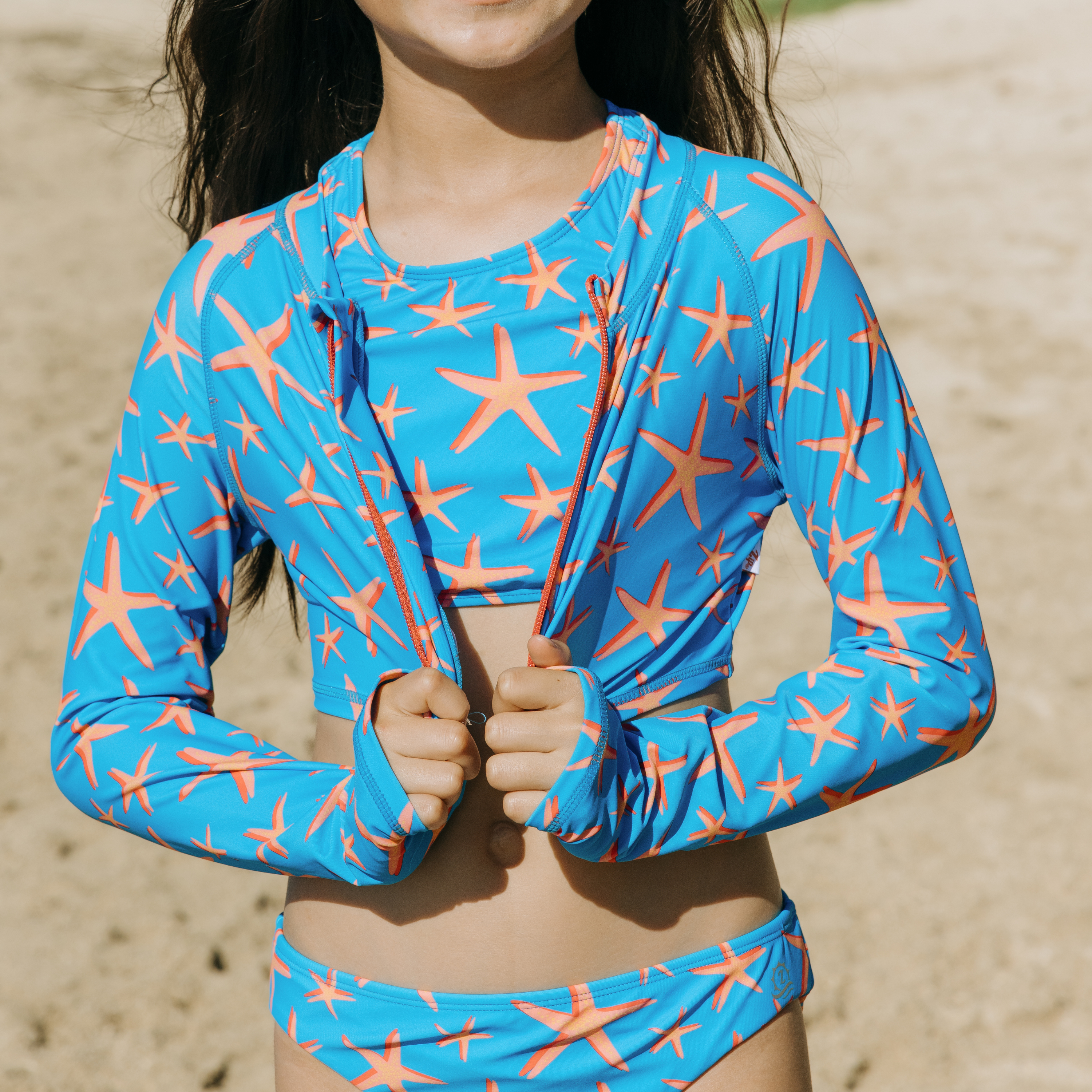 Girls Long Sleeve Crop Rash Guard | "Starfish"-SwimZip UPF 50+ Sun Protective Swimwear & UV Zipper Rash Guards-pos7