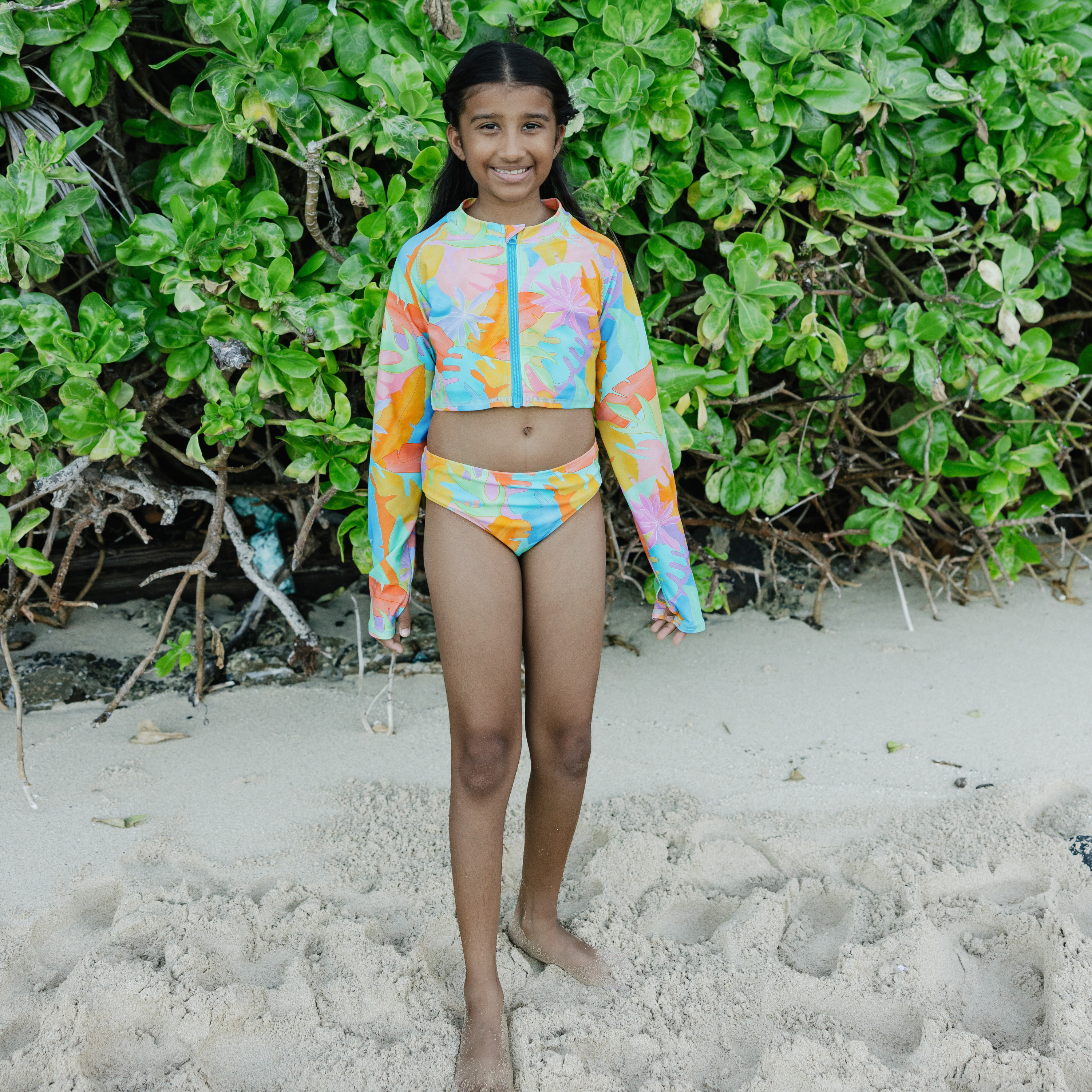 Girls Long Sleeve Crop Rash Guard | "Vibrant Vacay"-SwimZip UPF 50+ Sun Protective Swimwear & UV Zipper Rash Guards-pos7