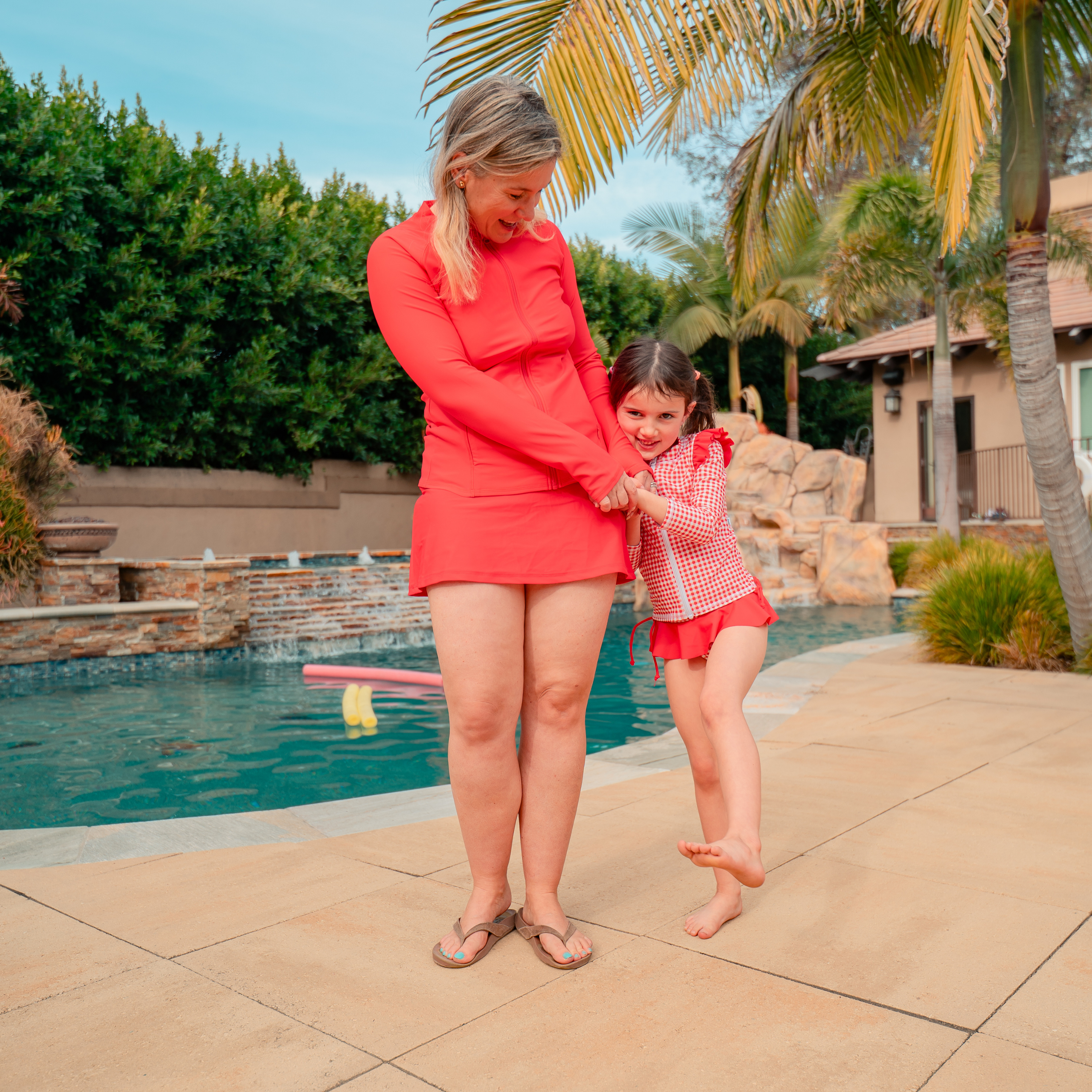 Girls Long Sleeve Rash Guard Ruffle Bottom Swimsuit Set (2 Piece) | "Red Gingham"-SwimZip UPF 50+ Sun Protective Swimwear & UV Zipper Rash Guards-pos2