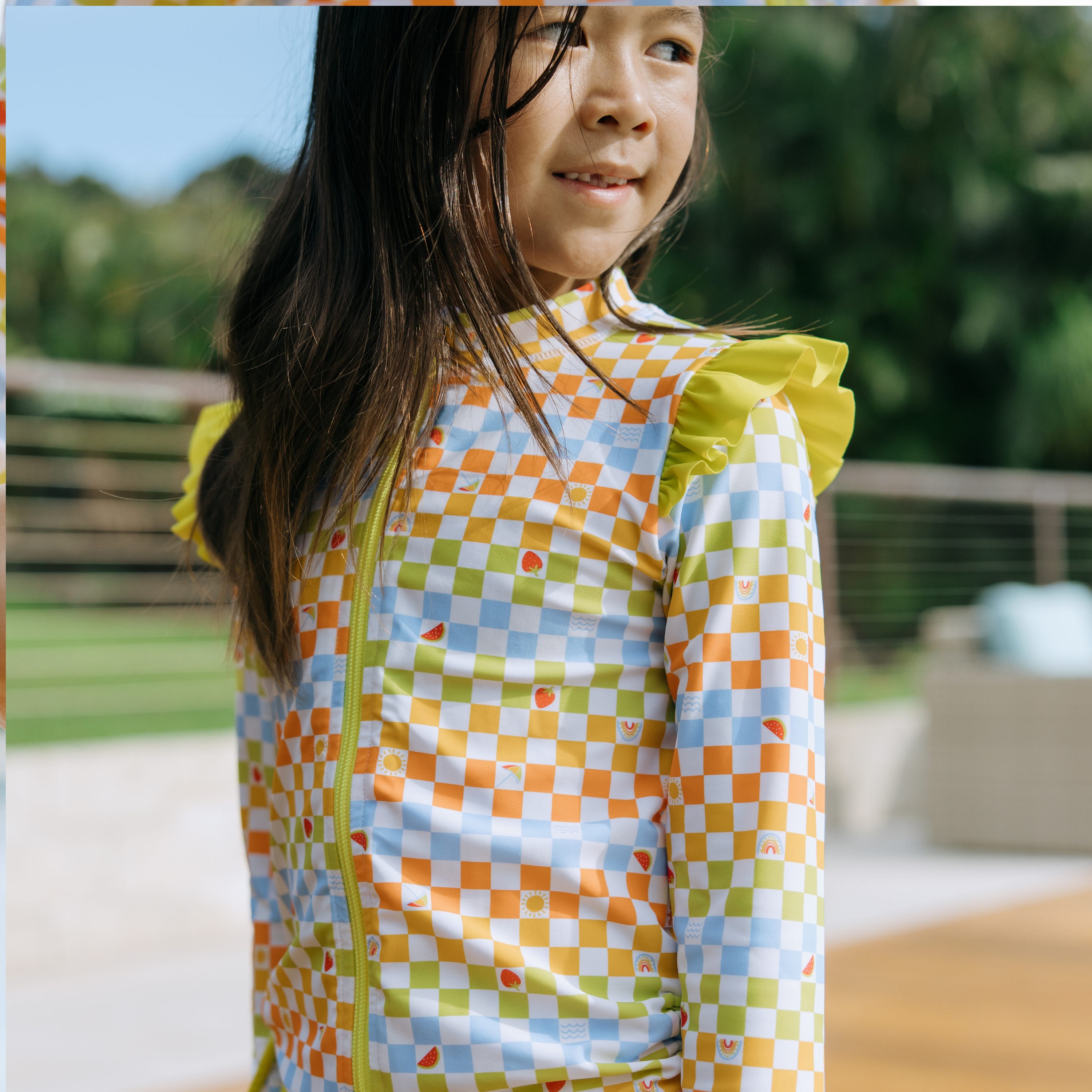 Girls Long Sleeve Rash Guard Ruffle Bottom Swimsuit Set (2 Piece) | "Gamified"-SwimZip UPF 50+ Sun Protective Swimwear & UV Zipper Rash Guards-pos7