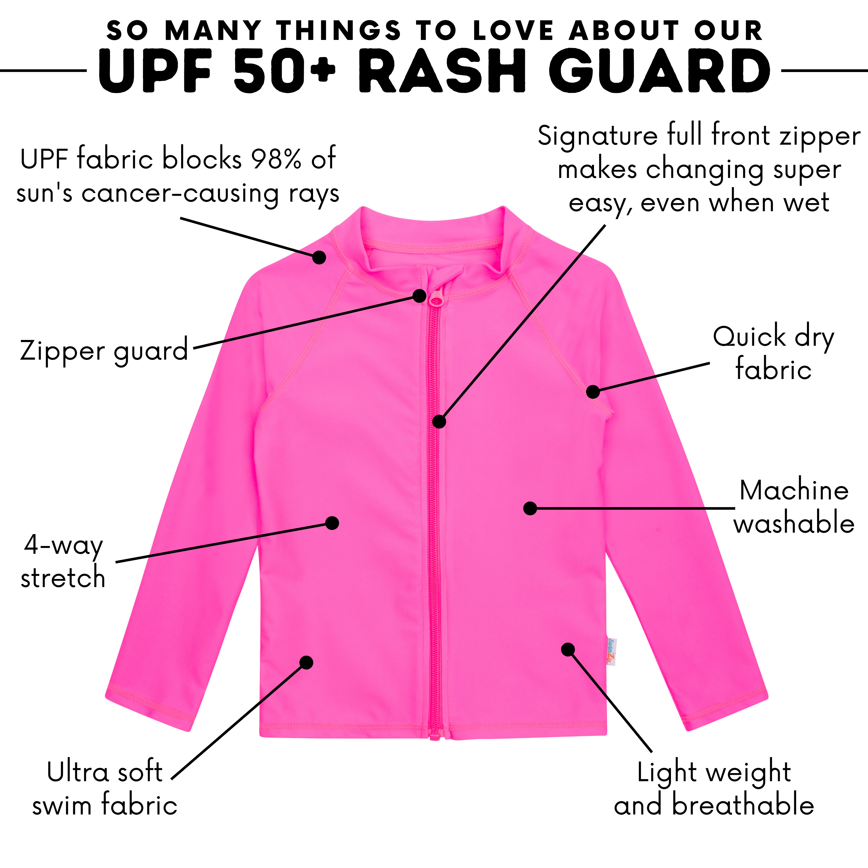 Kids UPF 50+ Long Sleeve Zipper Rash Guard Swim Shirt | "Neon Pink"-SwimZip UPF 50+ Sun Protective Swimwear & UV Zipper Rash Guards-pos3