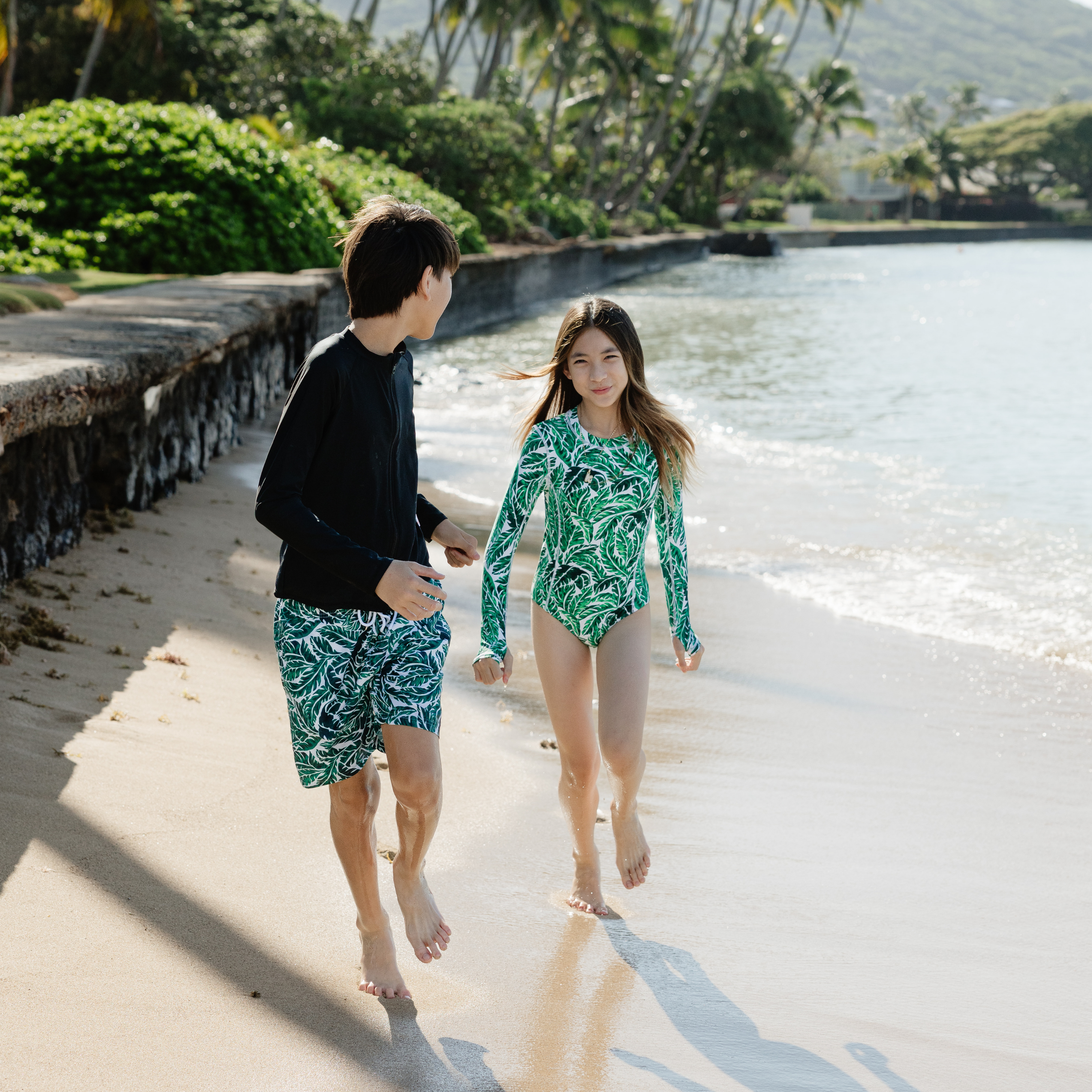 Girls Long Sleeve Surf Suit (One Piece Bodysuit) | "Palm Leaf"-SwimZip UPF 50+ Sun Protective Swimwear & UV Zipper Rash Guards-pos8