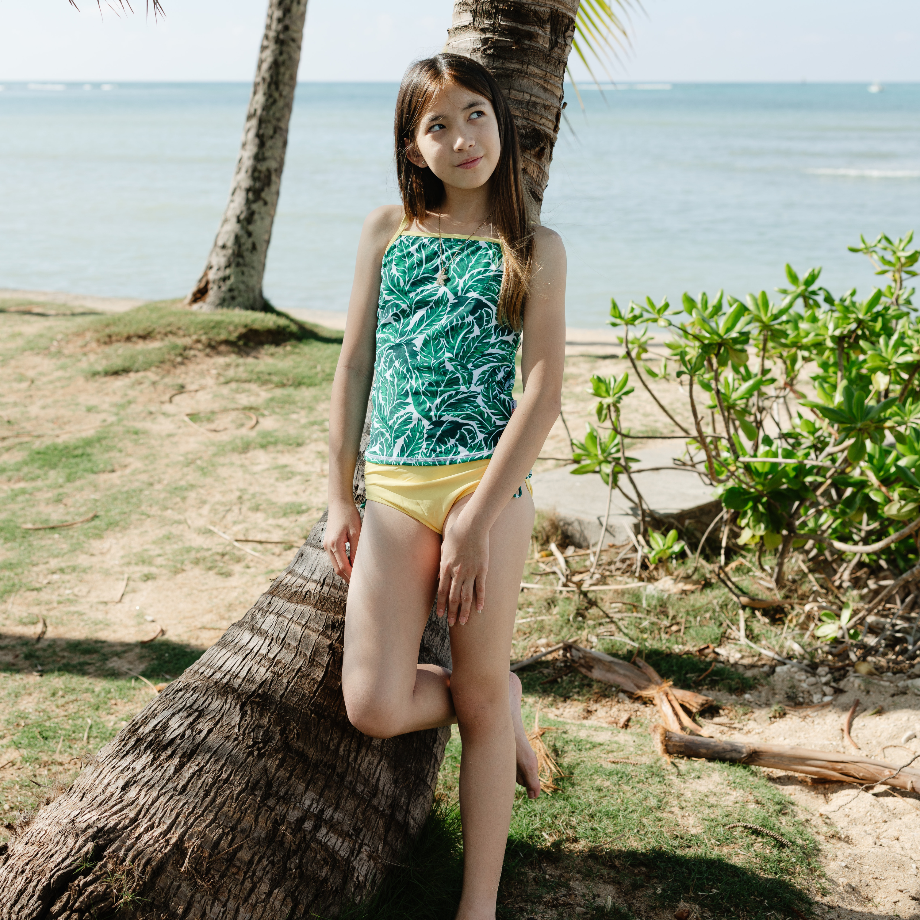 Girls Long Sleeve Rash Guard + Tankini Bikini Set (3 Piece) | "Palm Leaf"-SwimZip UPF 50+ Sun Protective Swimwear & UV Zipper Rash Guards-pos2