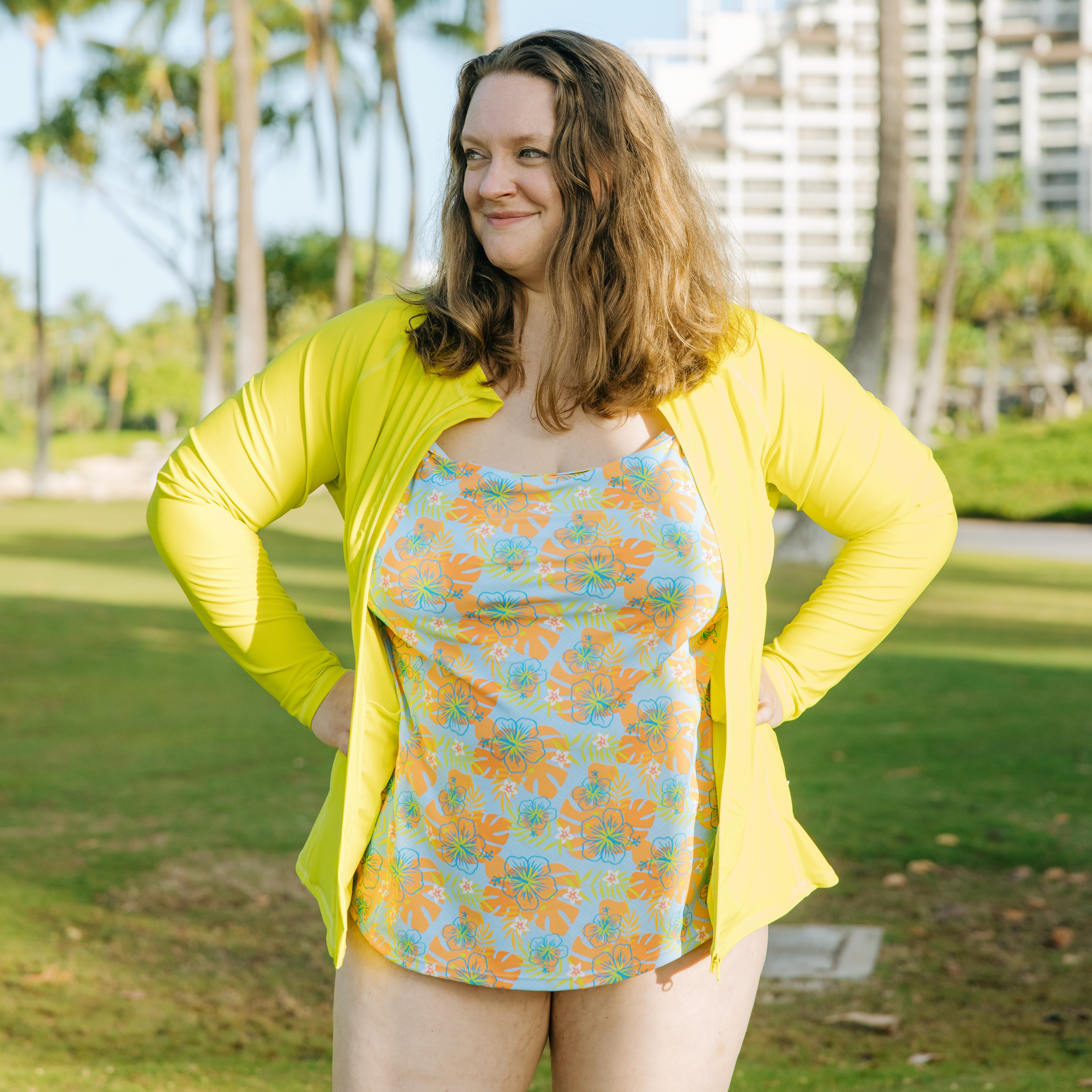 Women's Long Sleeve Rash Guard with Pockets | "Sulphur Yellow"-SwimZip UPF 50+ Sun Protective Swimwear & UV Zipper Rash Guards-pos5