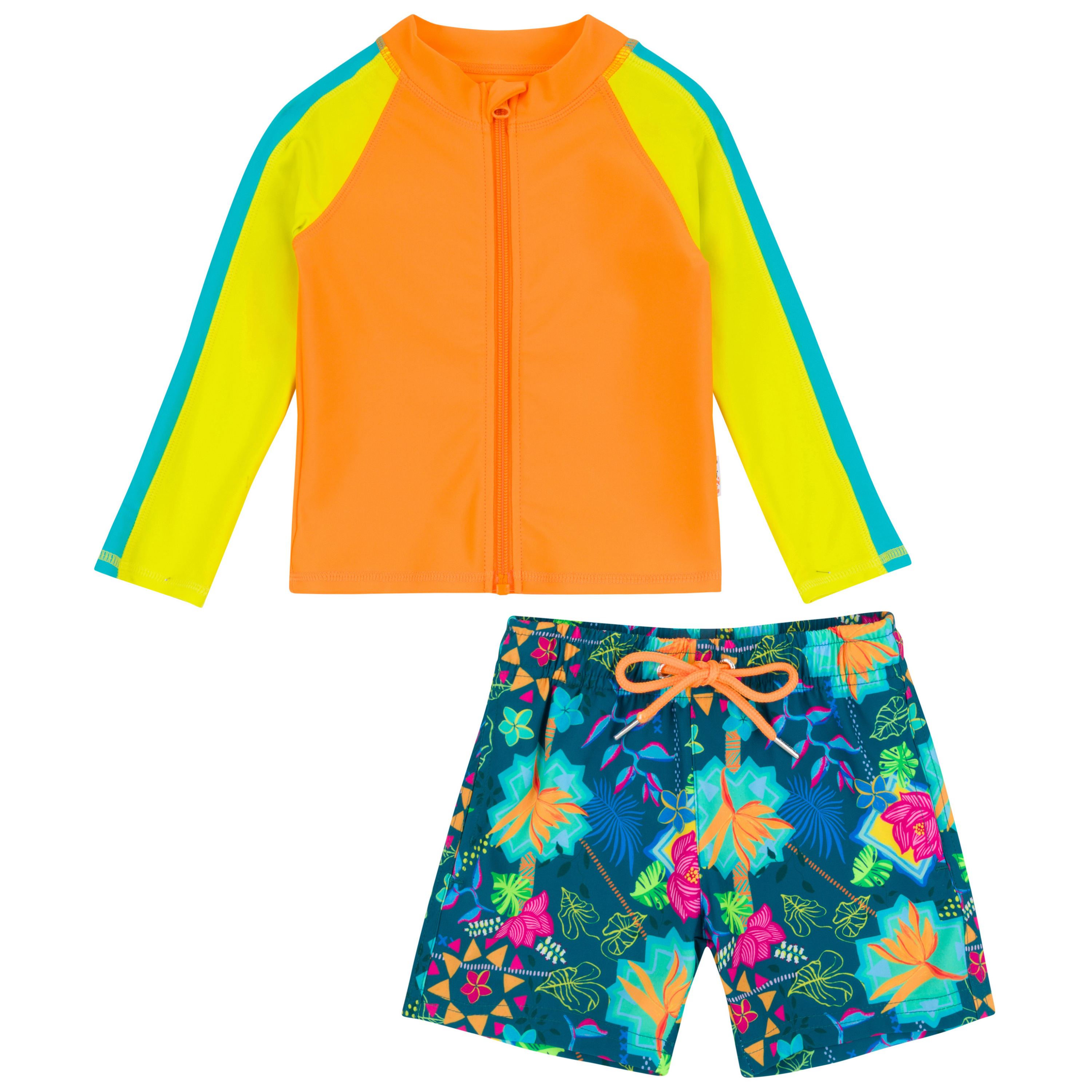 Boys Long Sleeve Zipper Rash Guard and Swim Trunk Set | "Summer Max"-0-3 Month-Summer Max-SwimZip UPF 50+ Sun Protective Swimwear & UV Zipper Rash Guards-pos1