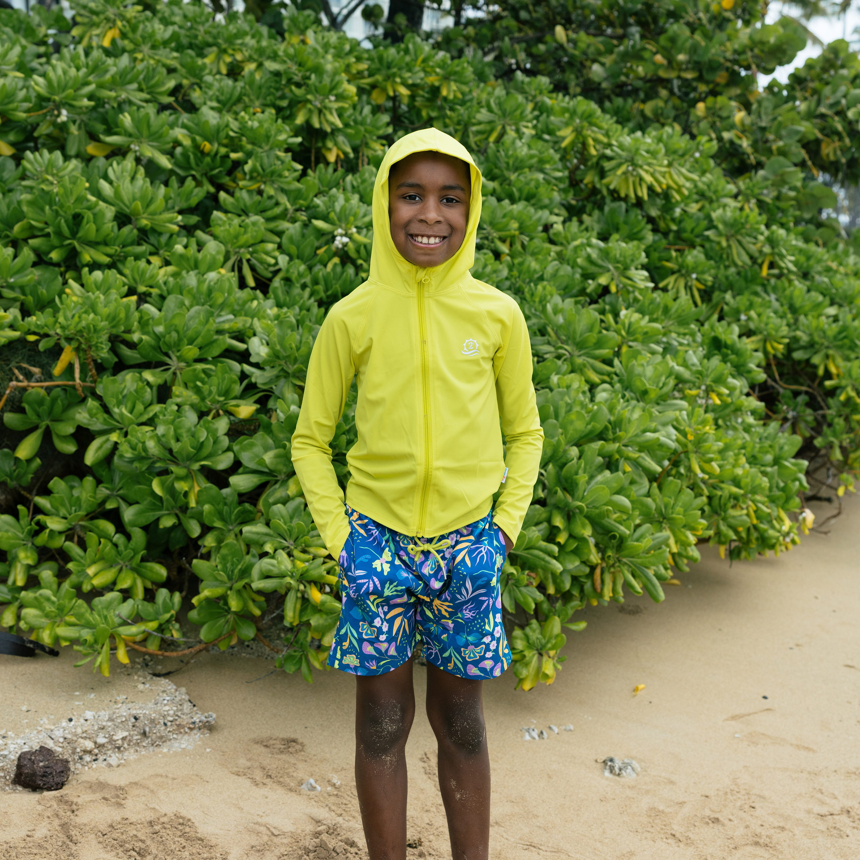 Kids Hooded Long Sleeve Zipper Rash Guard Swim Shirt | "Sulphur Yellow"-SwimZip UPF 50+ Sun Protective Swimwear & UV Zipper Rash Guards-pos14